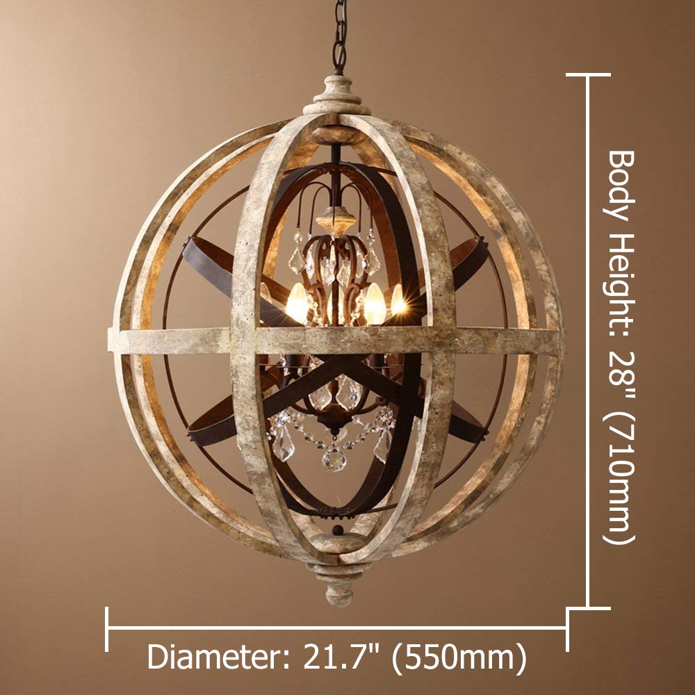 Rustic Retro Weathered Wooden Globe Metal Orb Crystal 5-Light Chandelier Candle Style Wood Pendant Light Fixtures (Medium)