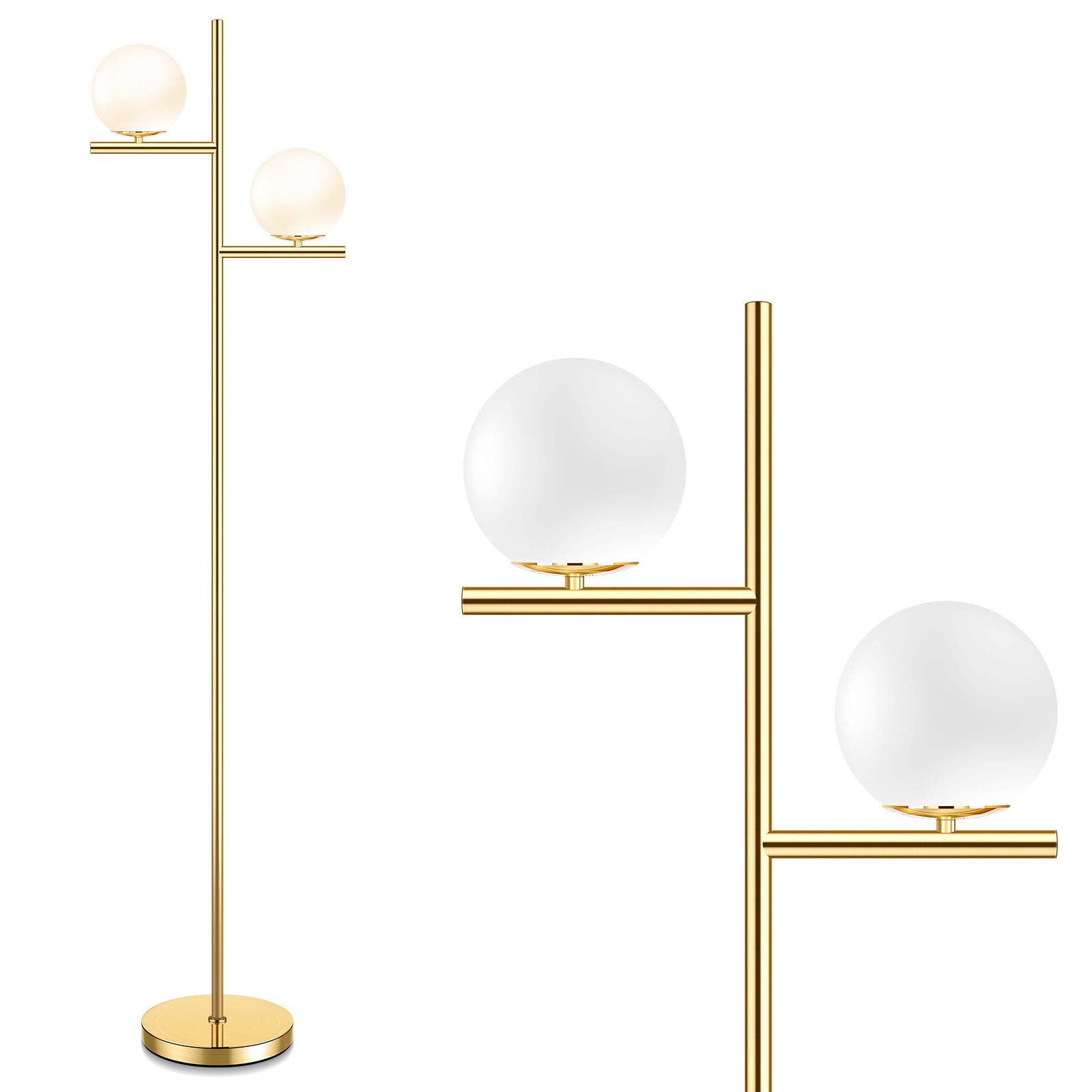 Mid Century Modern 2 Frosted Glass Globe Floor Lamp for Living Room,Contemporary LED Standing Light, Gold Corner Pole Office Bedroom, Study Room, Hotel, Antique Brass Lighting