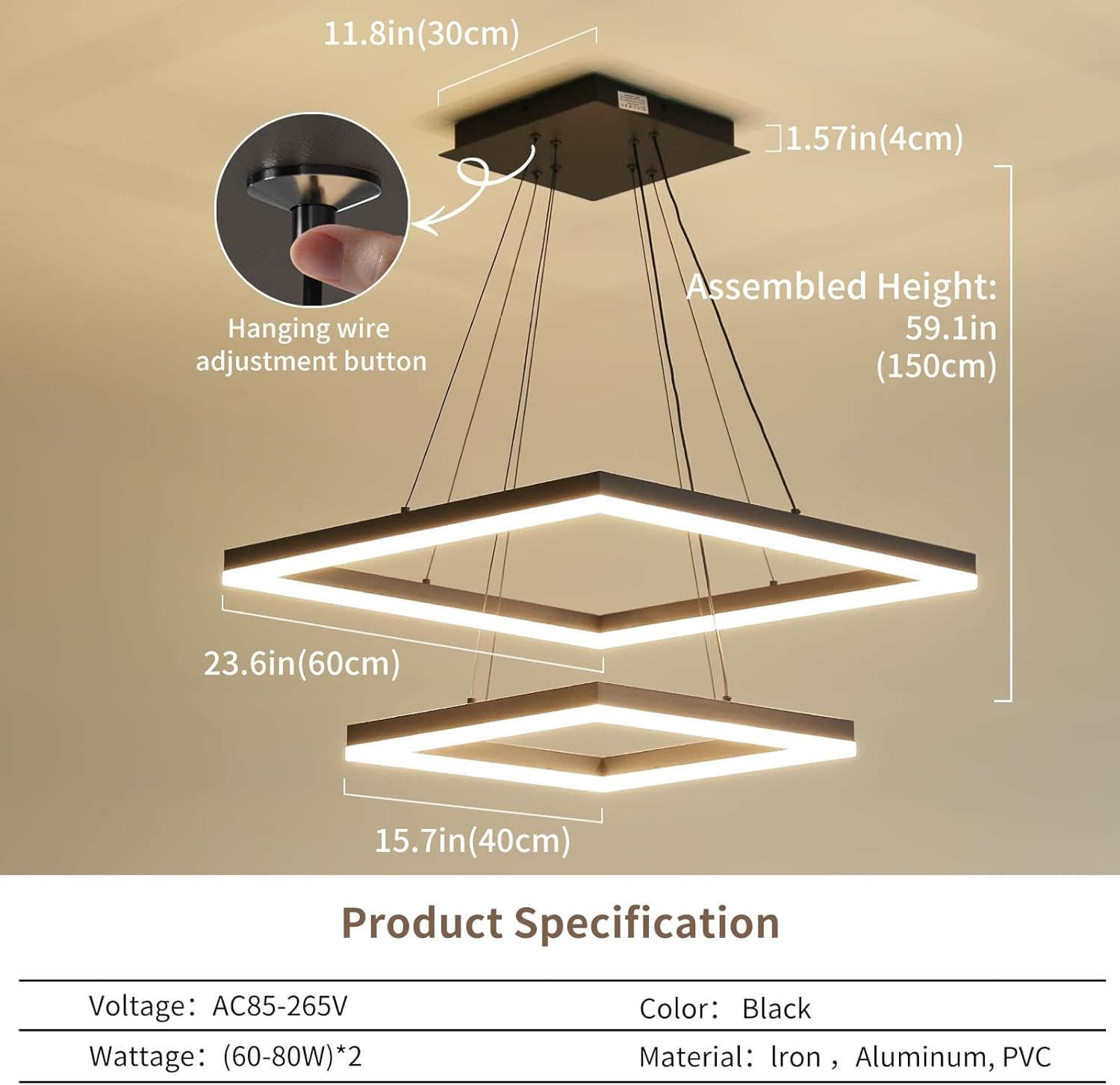 Modern LED Chandelier, Double Rectangles Ceiling Pendant Lights, LED Island Lights Dimmable Chandeliers for Dining Room Living Room Bedrooms, Black (40CM/60CM)