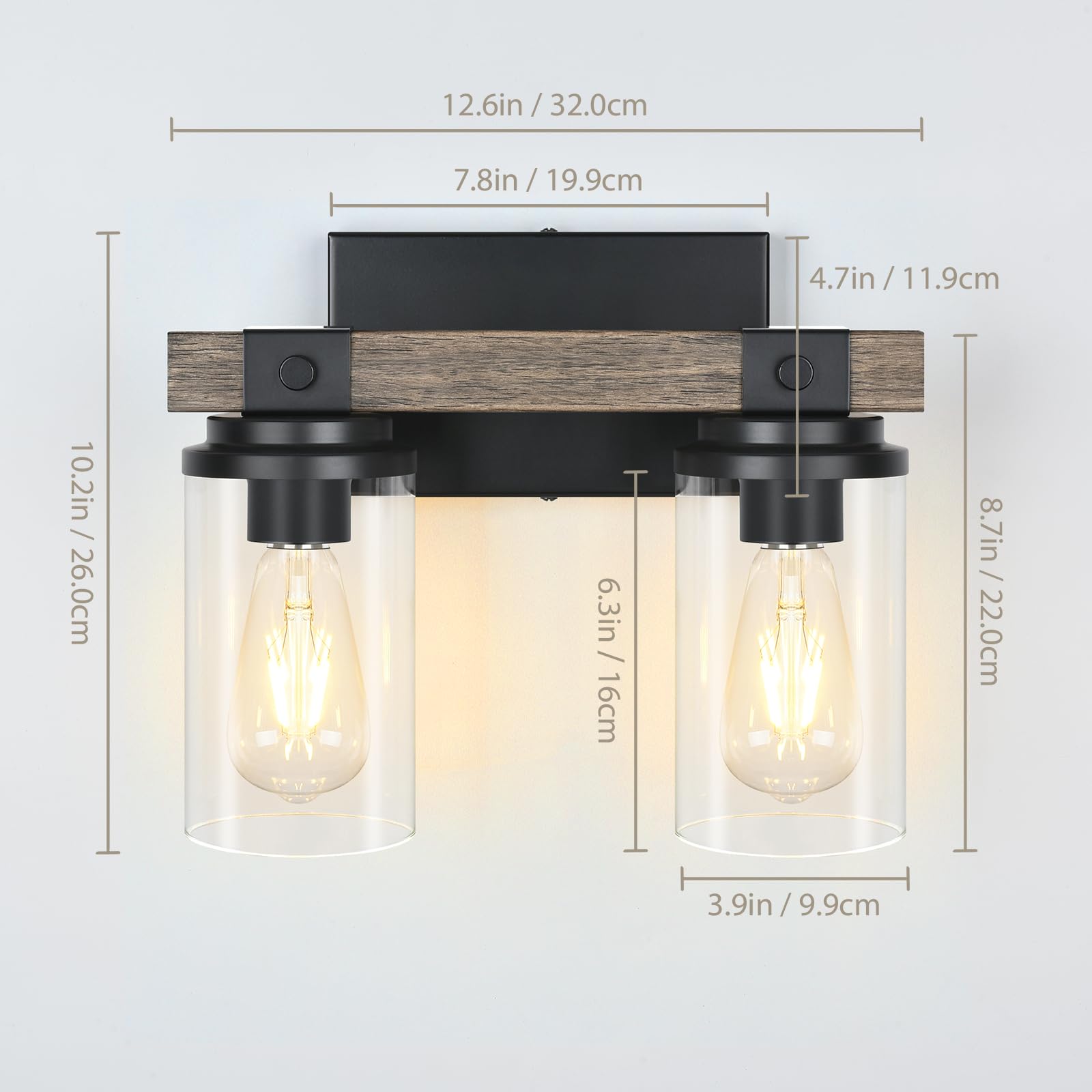 Farmhouse Bathroom Light Fixture Wood Black Vanity Lighting 2-Light Wooden Wall Sconce Industrial Rustic Wall Light Fixtures Over Mirror with Clear Glass Shade for Bathroom Hallway Kitchen Bedroom