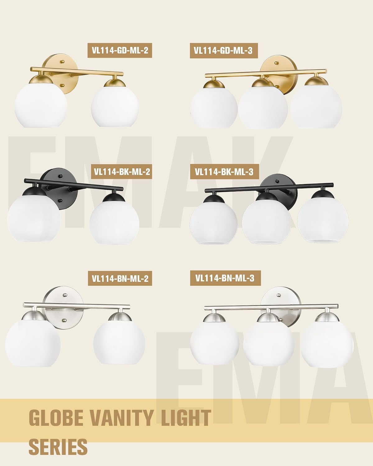 Black Vanity Lights for Mirror, Modern Farmhouse 2-Light Bathroom Light Fixtures Globe Bathroom Vanity Light with Milk Glass Shade, VL114-BK-ML-2