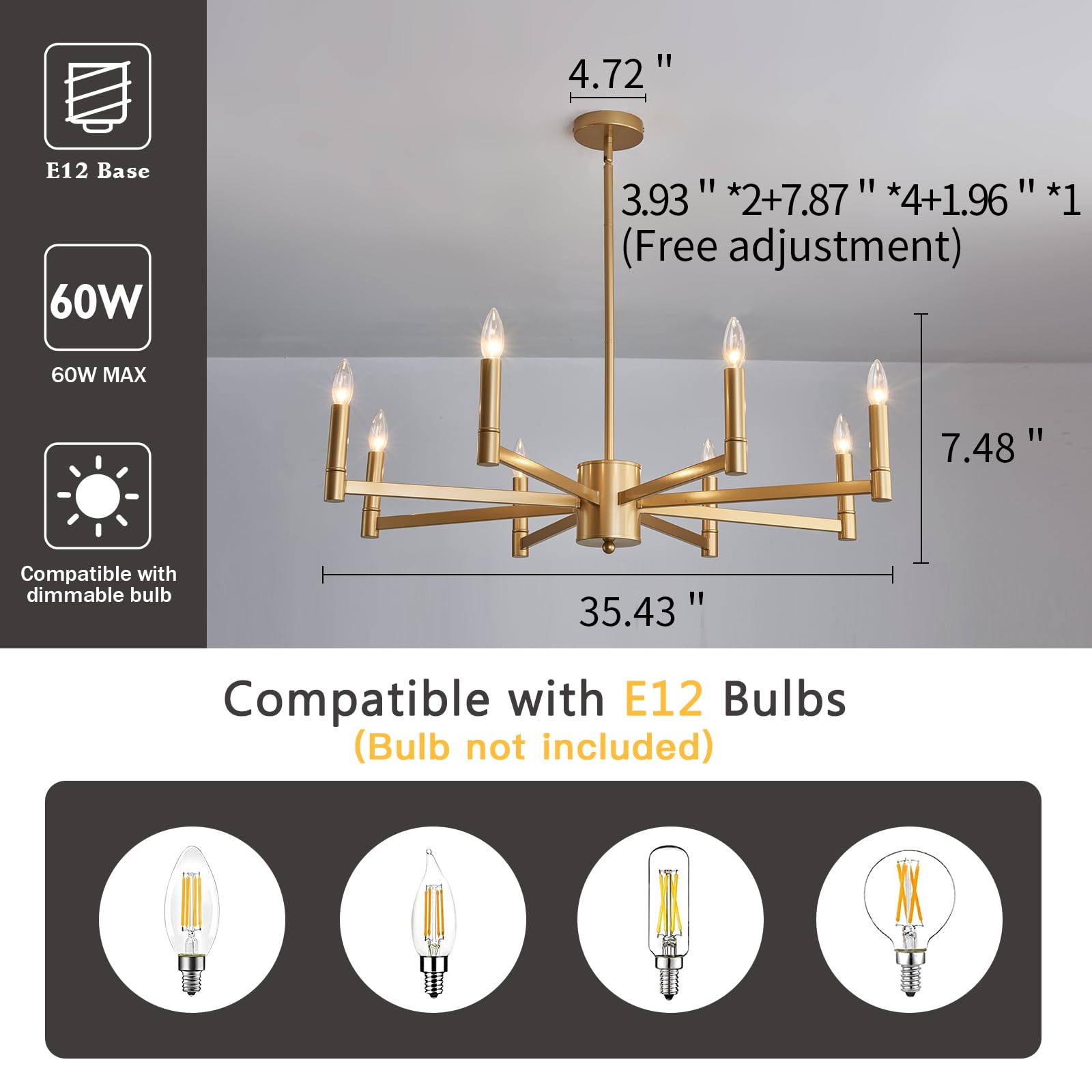 8-Light Gold Candle Chandeliers Modern Farmhouse Ceiling Light Fixture Industrial Lighting for Dining Room Living Room Bedroom Kitchen Island Foyer