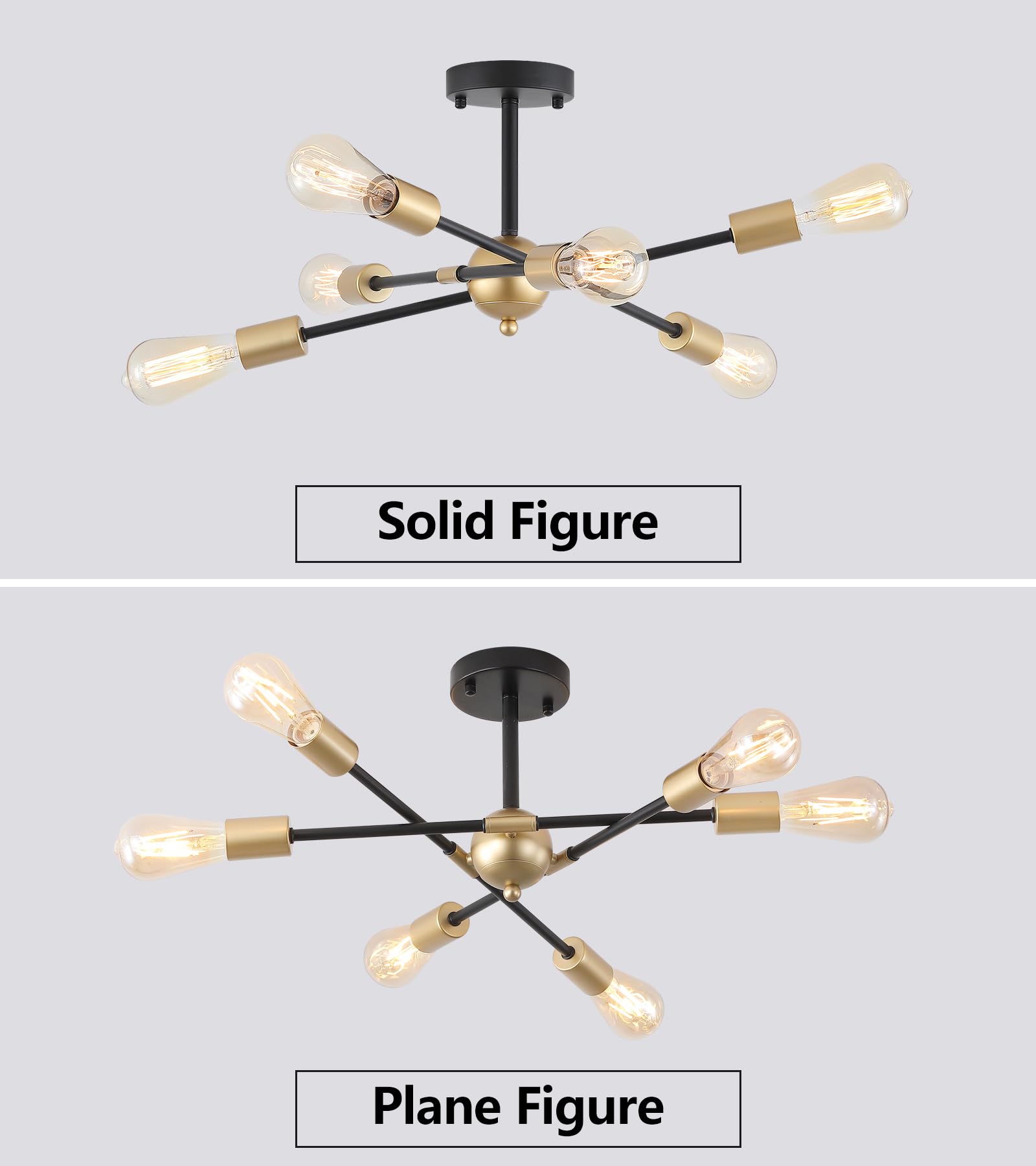 Gold Modern Sputnik Chandelier Ceiling Light Fixtures,6-Lights Industrial Metal Semi Flush Mount Ceiling Light for Bedroom Dining Room Living Room Kitchen Hallway UL Listed