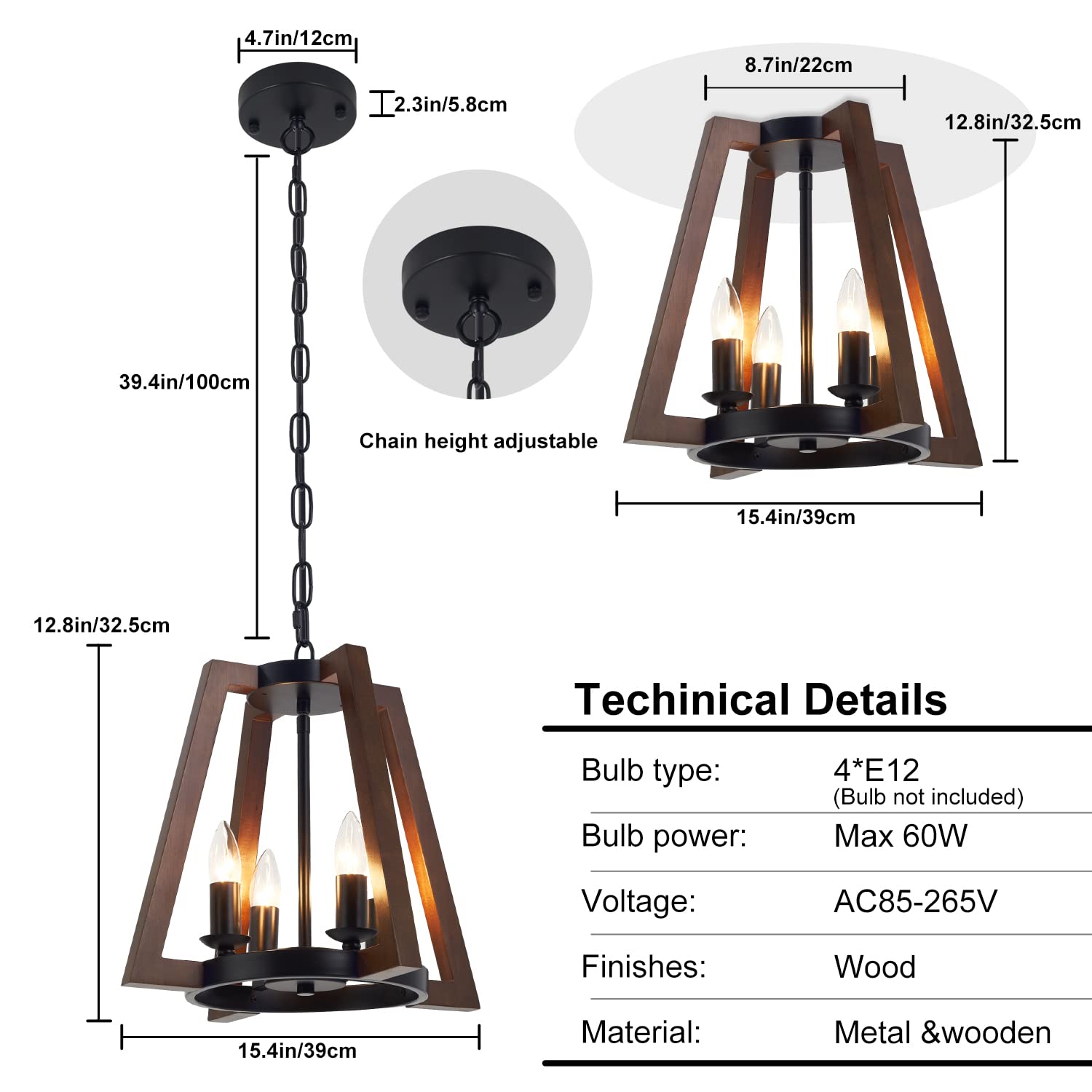 15.4" Rustic Wood Chandelier 4-Light Farmhouse Wooden Ceiling Pendant Light Fixture Vintage Chandeliers Modern for Dining Room Kitchen Island Foyer Hallway Entryway Bedroom