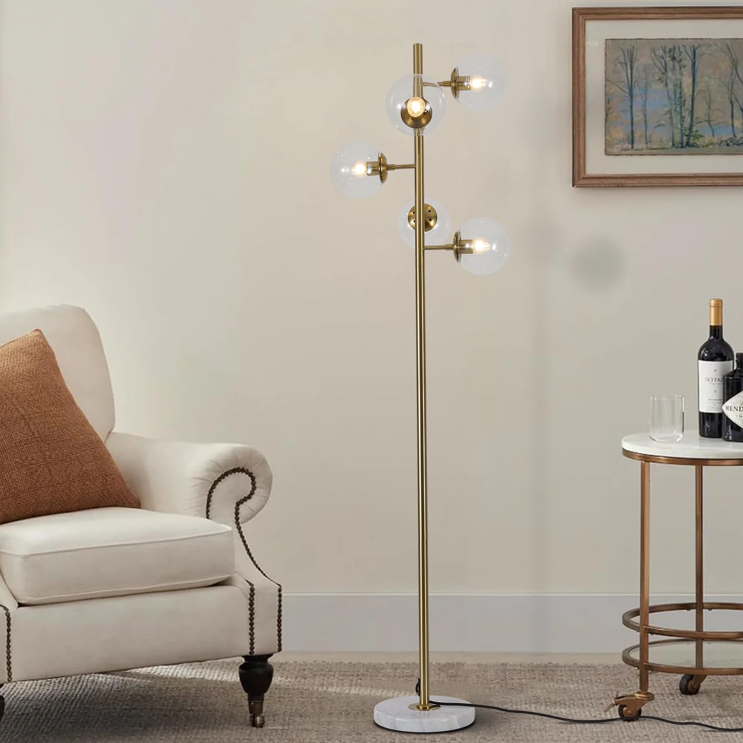 Lighting 5-Light Frosted White Glass Globe Floor Lamp Mid Century Modern Gold Tall Pole Standing Light LED Standing Lamps with Foot Switch for Home Office (Gold)