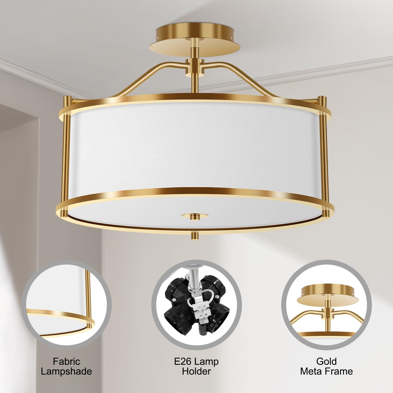 4 Light Semi Flush Mount Ceiling Light 15.7 Inches Light Fixture with Metal Frame Fabric Shade Modern Ceiling Light for Living Room Bedroom Kitchen Dining Room Entryway Hallway