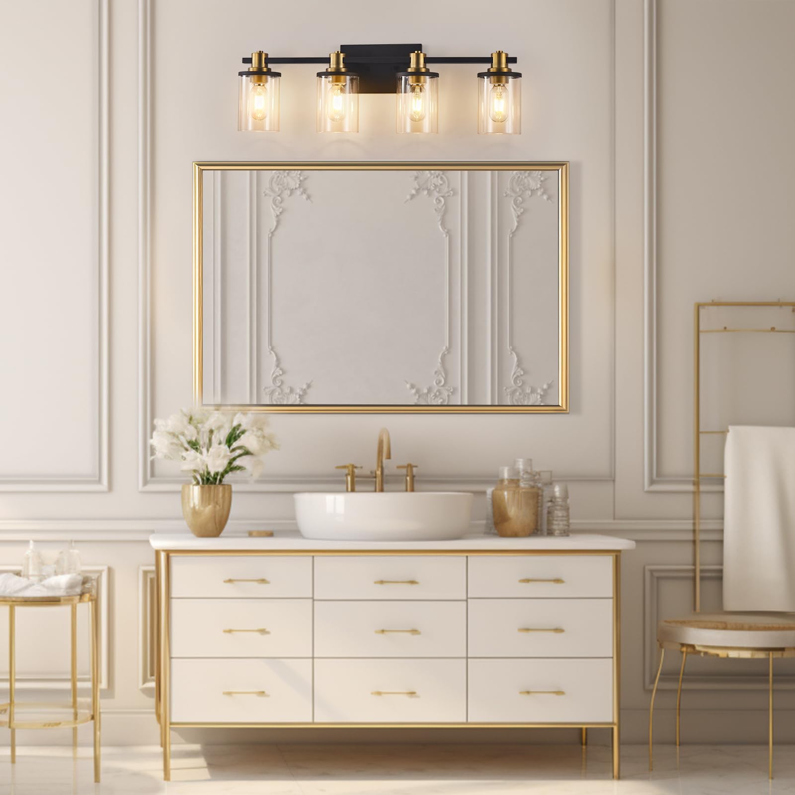 3 Light Bathroom Vanity Light, Black and Gold Bathroom Light Fixtures with Clear Glass Shade, Matte Black Finish, Brushed Gold Copper Accent Socket, Modern Gold Vanity Lights for Bathroom Over Mirror