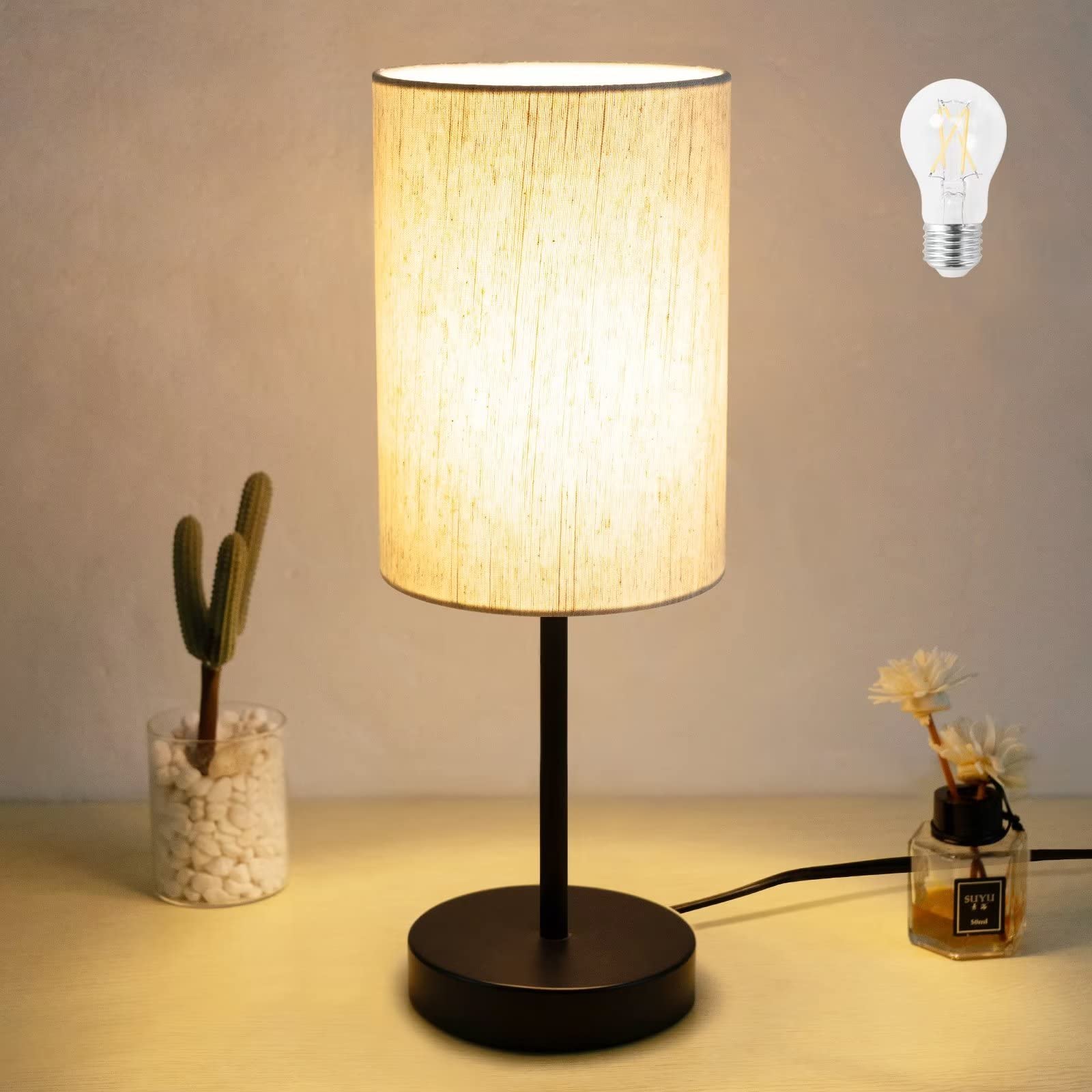 Small Table Lamp for Bedroom, Bedside Lamps for Nightstand with Wire Switch, Minimalist Modern Desk Lamps with Linen Fabric Shade for Kids Room Living Room Office Dorm