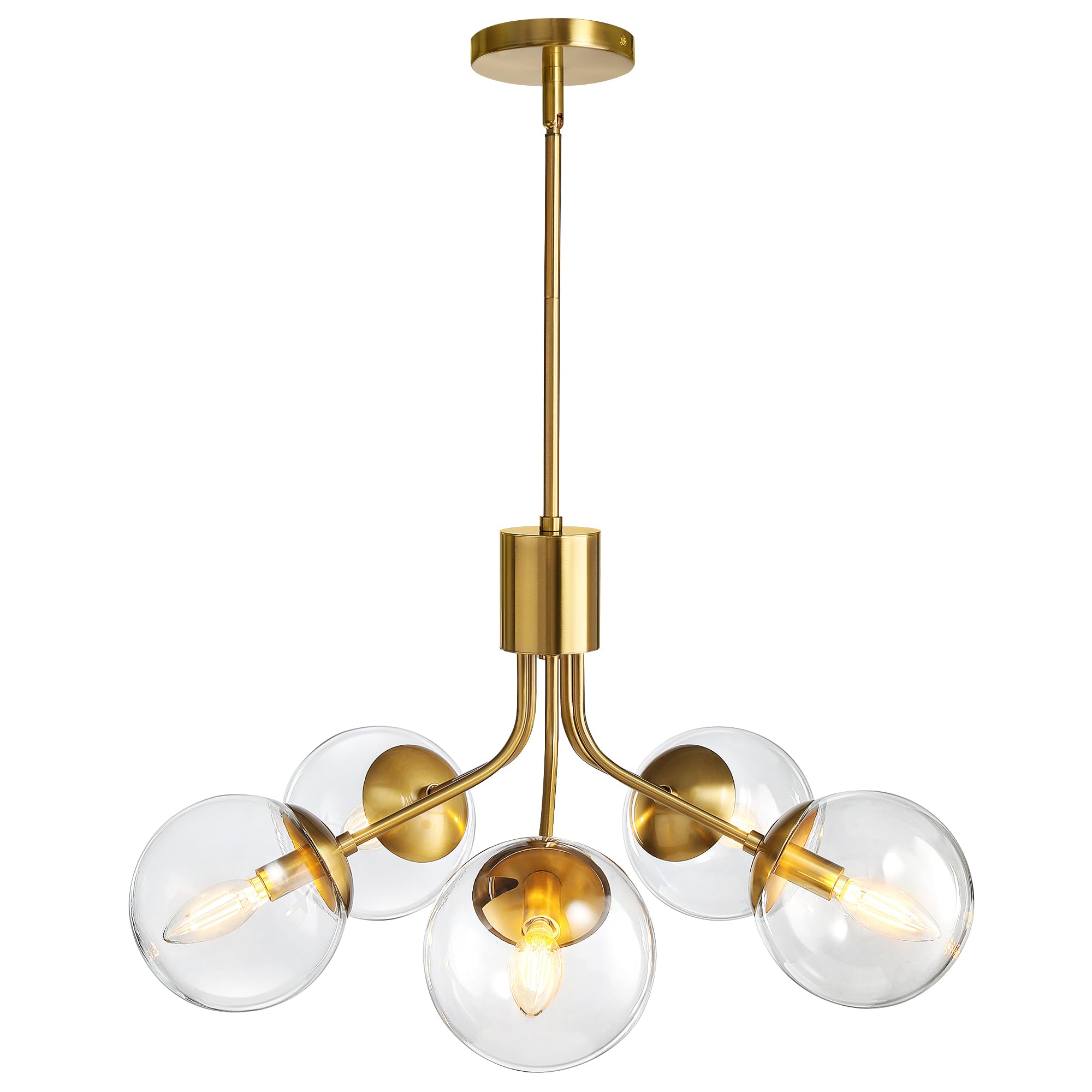 5-Light Modern Chandelier,Gold Globe Chandelier Pendant Light with Thick Clear Glass Shade for Flat/Slop Ceiling,Adjustable Hanging Chandelier for Dinning Room,Living Room,Bedroom