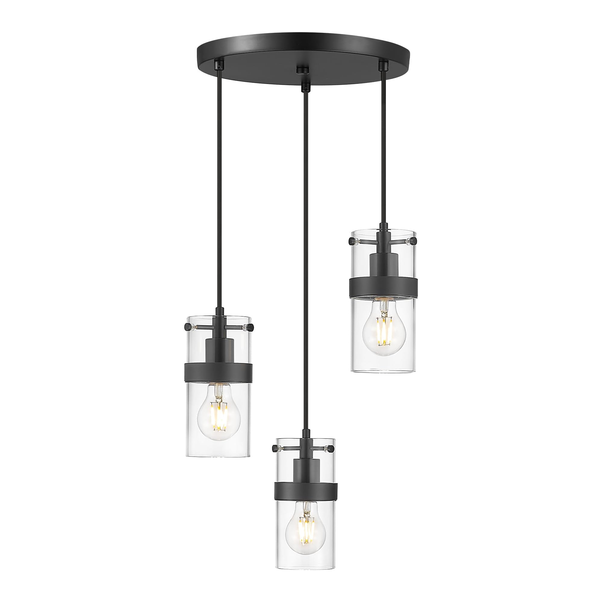 LMS 4-Light Island Lights, Farmhouse Light Fixtures with Hammered Glass Shade, Matte Black Linear Chandelier Pendant Lighting Over Table for Adjustable Height, Kitchen Island, LMS-171BK-4