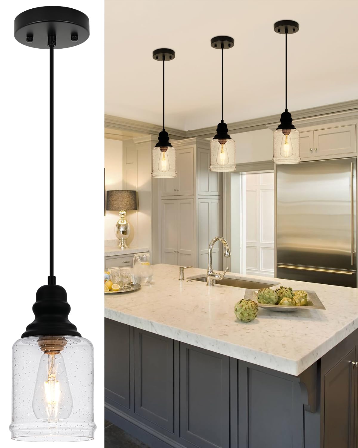 WILON Industrial Pendant Lighting, Pendant Lights for Kitchen Island 3 Light Glass Pendant Light Fixture with Seeded Glass Shade, Adjustable Cord Farmhouse Ceiling Light Black finish Linear Chandelier