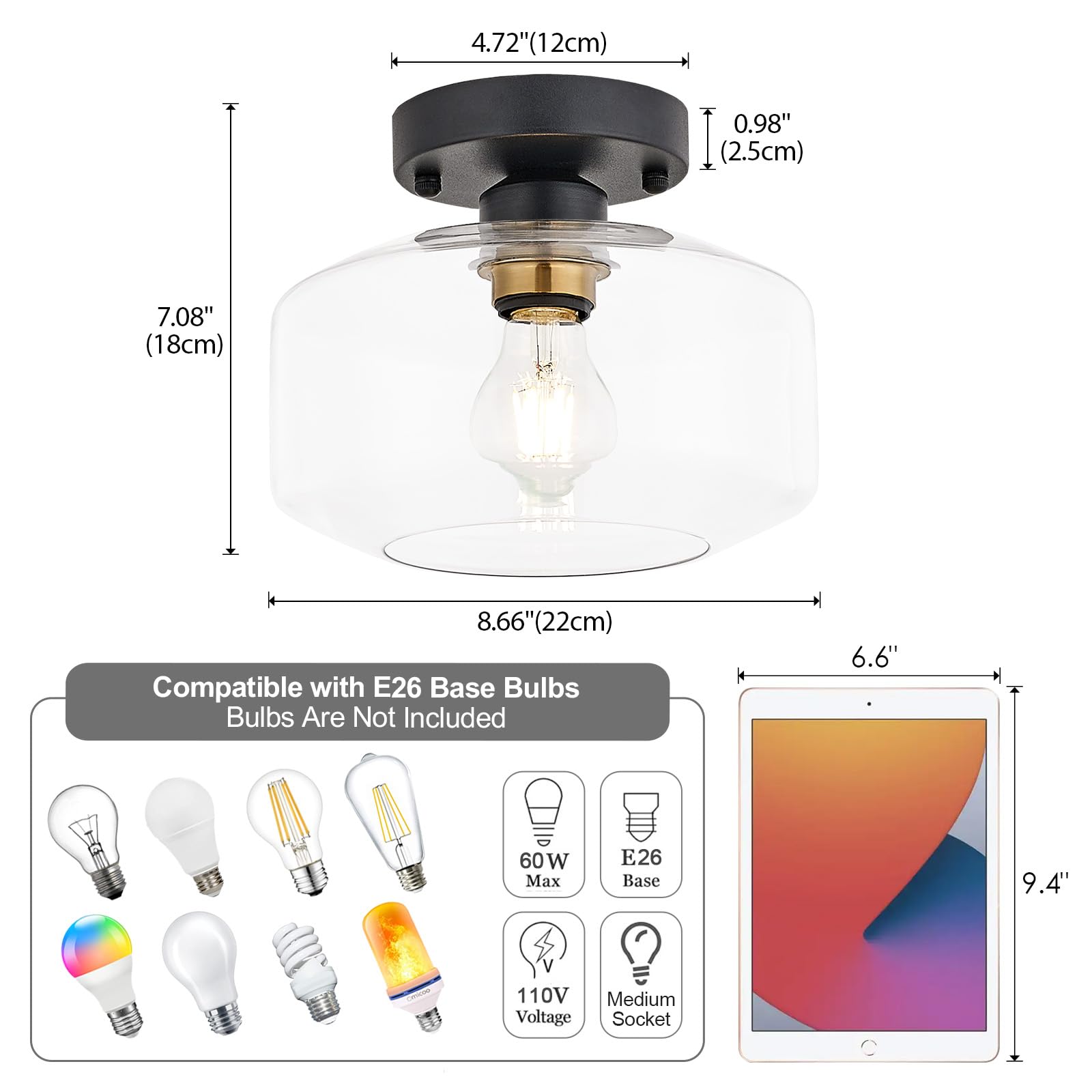 Semi Flush Mount Ceiling Light, 8.66" Clear Glass Shade, Brass Accent Socket, Modern Ceiling Light Fixture with Black Finish for Kitchen, Hallway, Entryway, Dining Room, Cafe, Bar