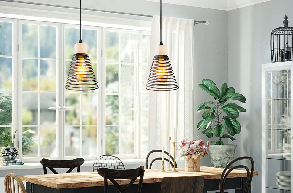 Modern Black Pendant Light Over Kitchen Island, Adjustable Wood Hanging Light Fixture,Industrial Pendant Lighting for Dining Room,Living Room,Bedroom,Hallway,Kitchen,Bar