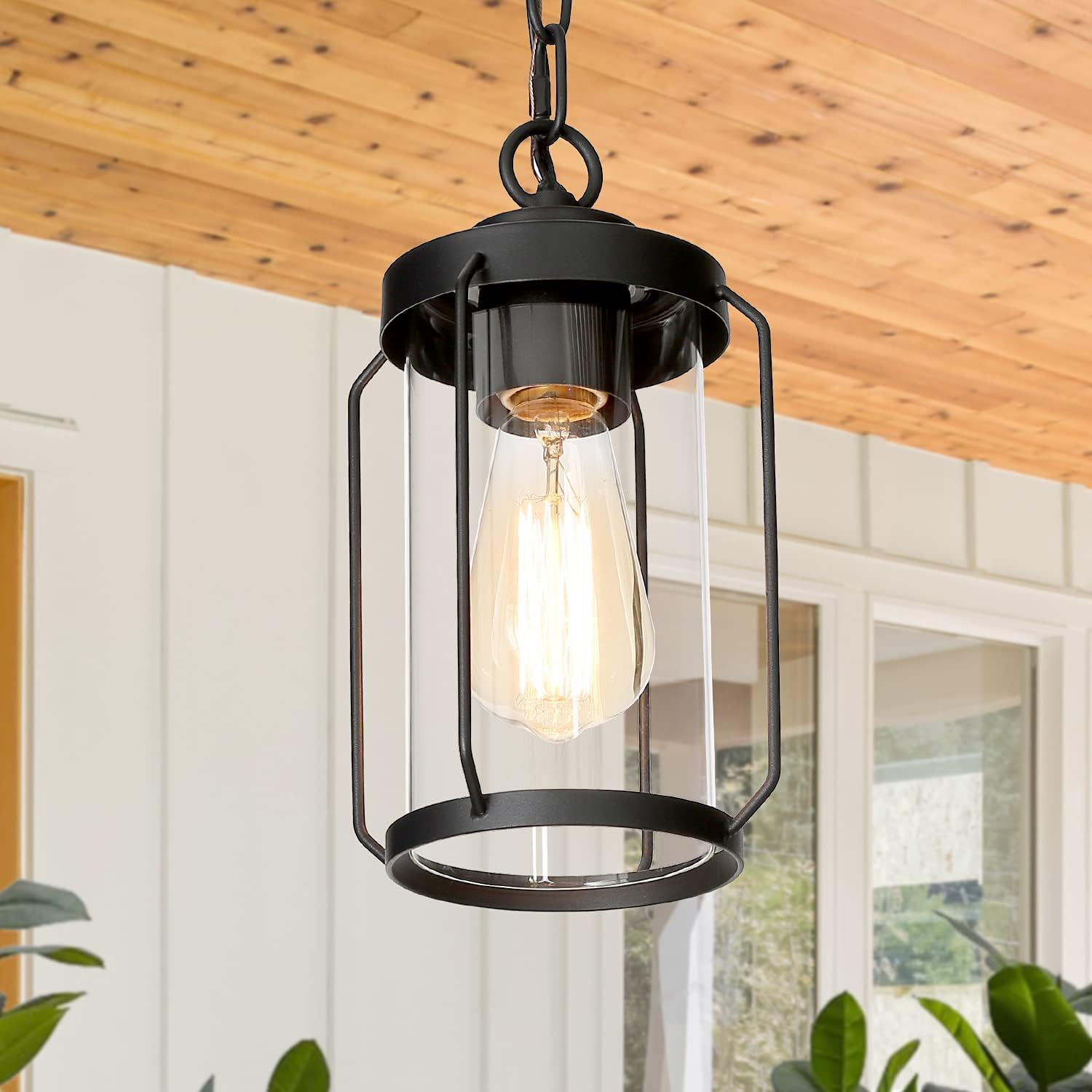 Outdoor Pendant Lights, Black Outdoor Pendant Hanging Lights Adjustable Industrial Exterior Porch Light Fixtures Glass Shade for Patio, Entryway, Garden