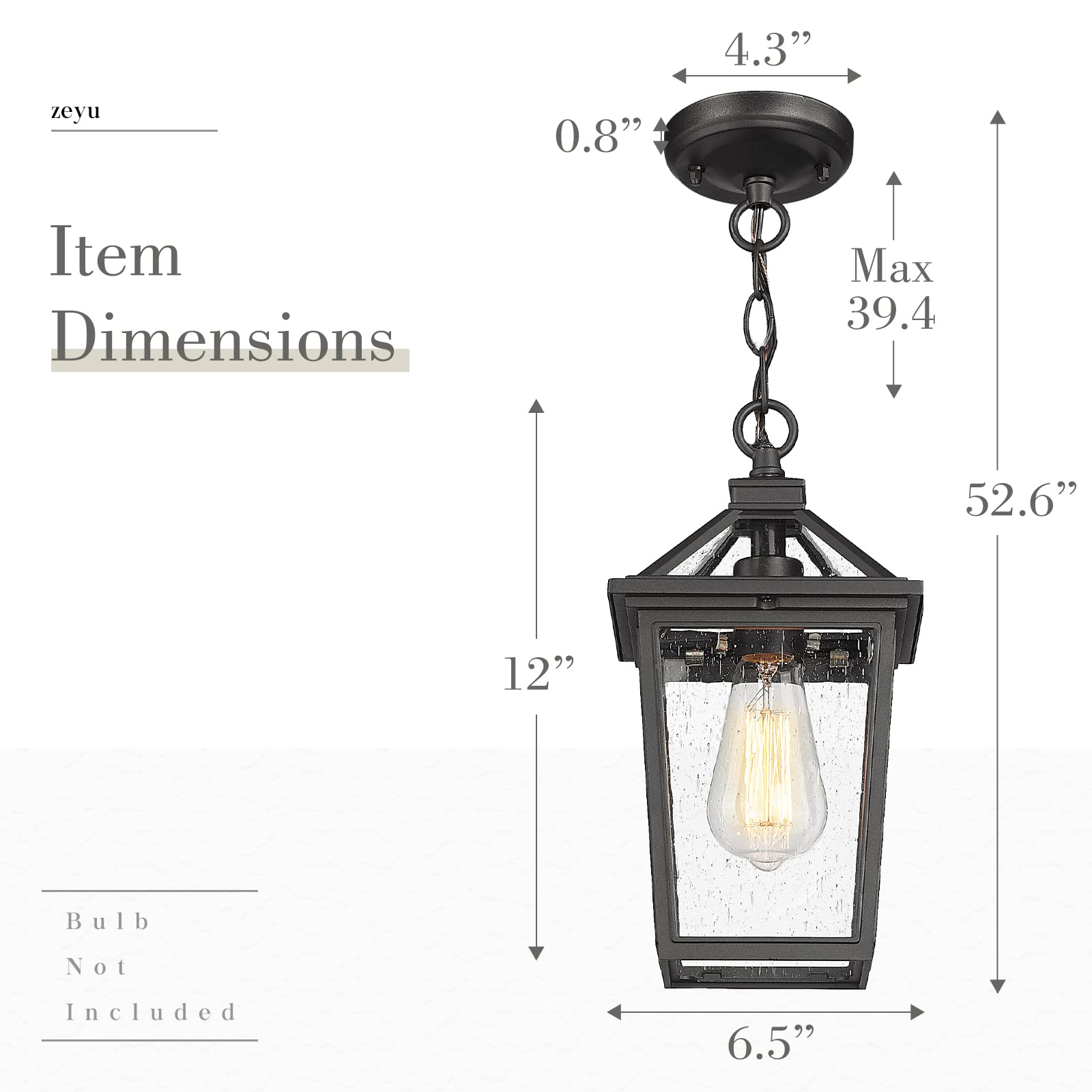 Farmhouse Outdoor Ceiling Hanging Light, 12 Inch Industrial Pendant Light Fixture for Front Porch, Die-Cast Aluminum in Black Finish with Seeded Glass, ZX58H BK