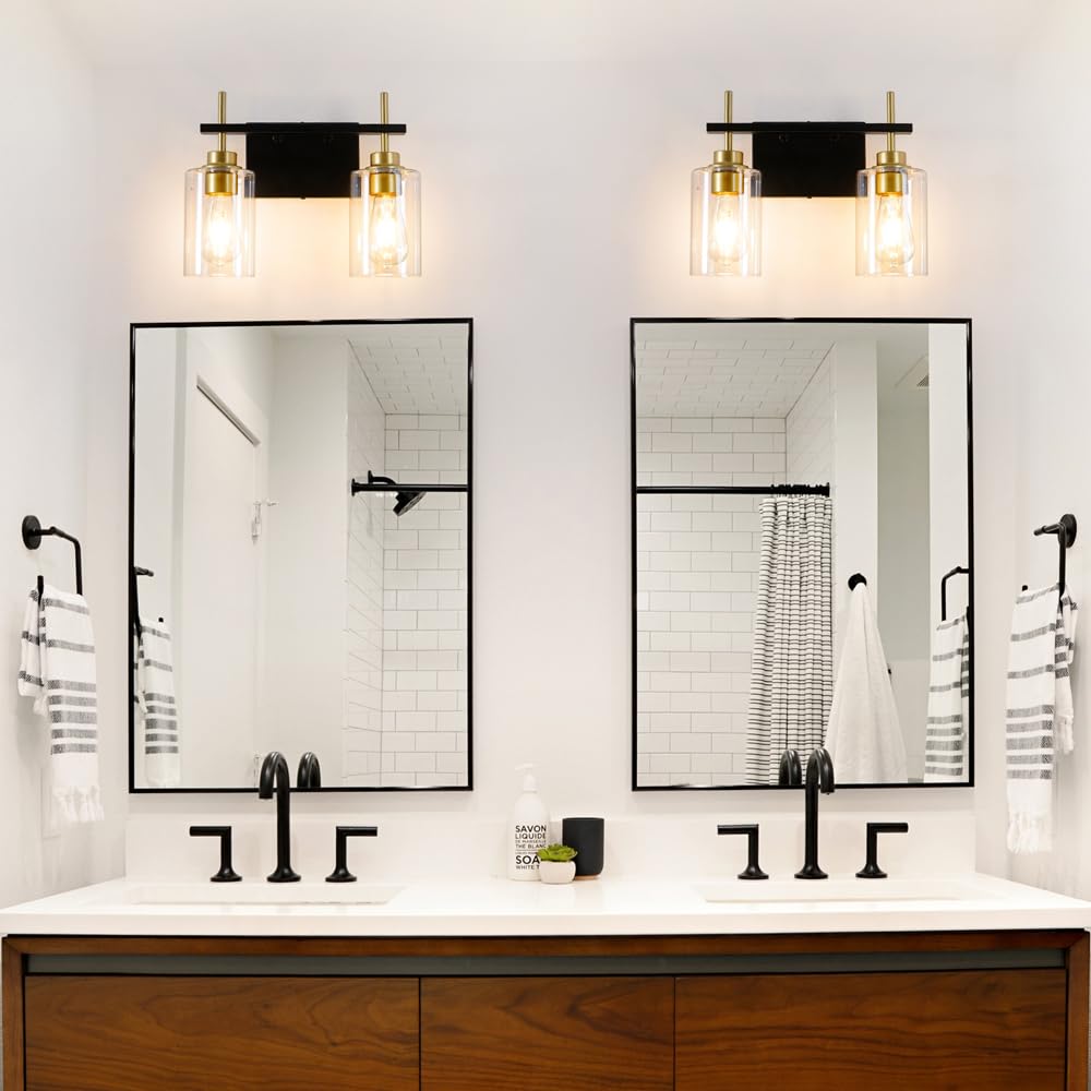 Black and Gold Wall Sconces Set of Two, Bathroom Sconce Wall Lighting Set of 2,Modern Glass Bathroom Wall Light, Wall Mounted Light for Bedroom Living Room Hallway