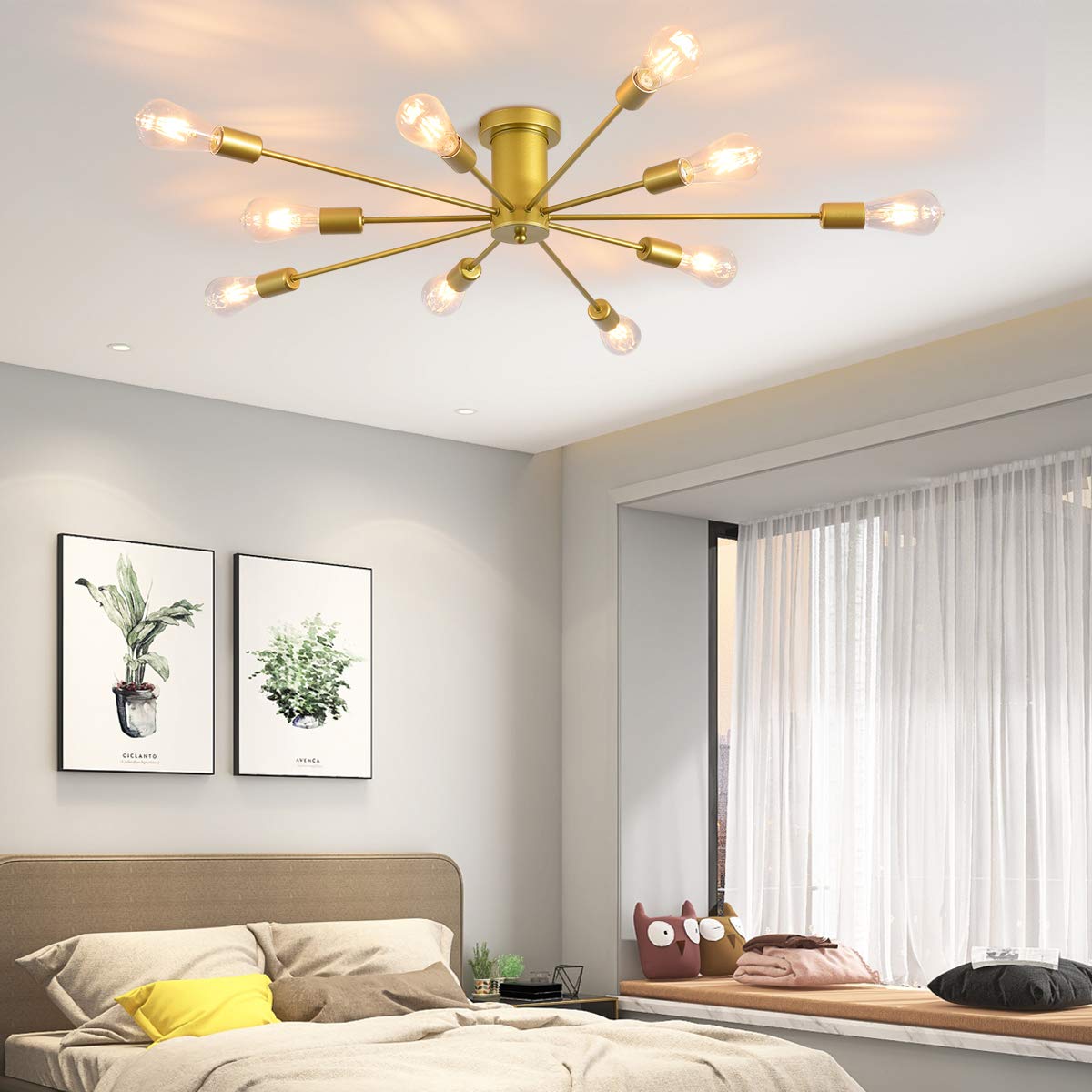 10 Lights Modern Sputnik Ceiling Chandelier Gold Industrial Ceiling Lamp Mid Century Semi Flush Mount Ceiling Light Fixture for Kitchen Dining Room Living Room Bedroom Foyer Lighting