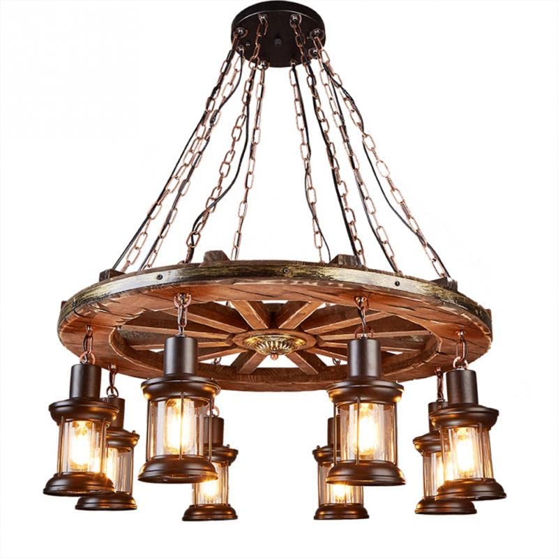 8 Lights Industrial Retro Wooden Chandelier Pendant Light Island Hanging Ceiling Fixture Vintage Farmhouse Wood Light Adjustable Chain for Home Cafe Bar Restaurant (39.4")