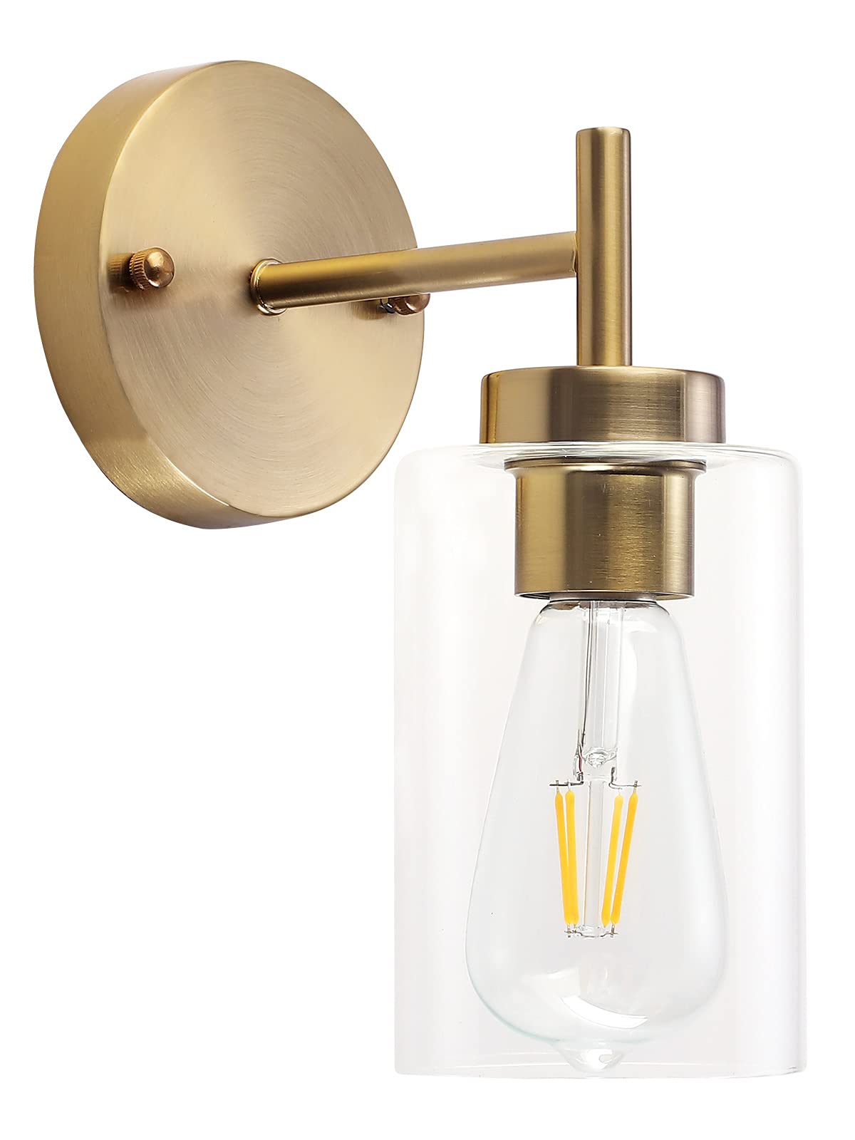 Brushed Gold Wall Sconce, Vintage Indoor Brass Bathroom Vanity Light Fixture 1-Light with Glass Shade Industrial Antique Gold Wall Light Fiture for Living Room Bedroom Entry Hallway