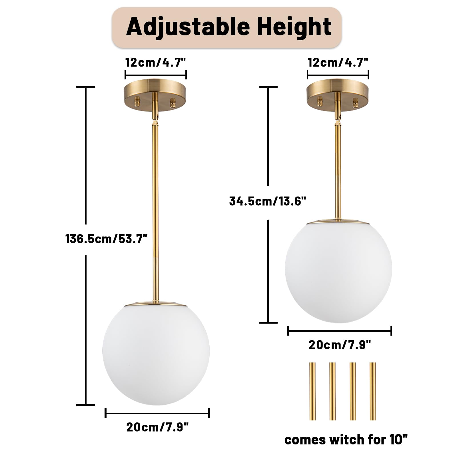 Mid Century Modern Pendant Lighting Gold Globe Pendant Light Fixture,1-Light White Glass Shade Brushed Brass Finished Hanging Light Fixture for Kitchen Island