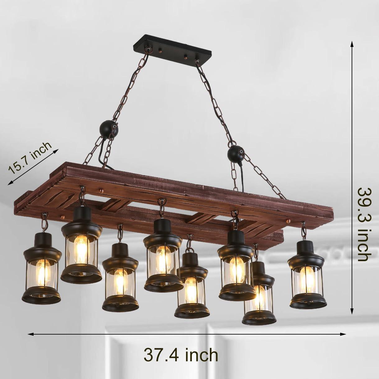 Rustic Chandelier Farmhouse Rustic Light Fixtures for Dining Room Kitchen Island, Industrial Wooden Hanging Lights Ceiling Light Fixture for Game Room Bar Coffee Pool Table (8-Light)