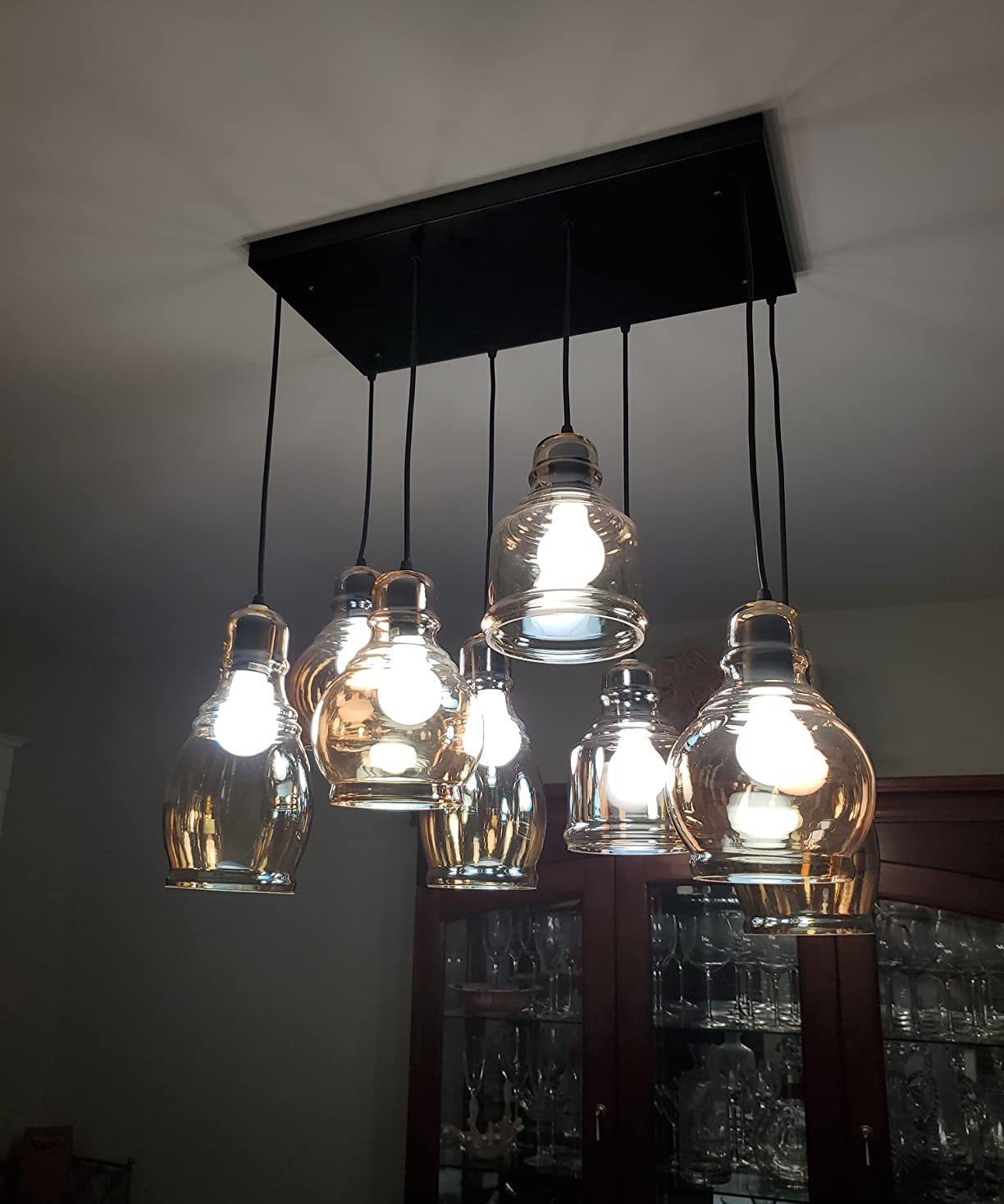 Vintage Kitchen Island Lights Fixtures 8-Light Linear Glass Chandelier, Cognac Glass Hanging Pendant Lighting Rustic Ceiling Lights Fixtures with Round Plate for Dining Room Cafe Bar