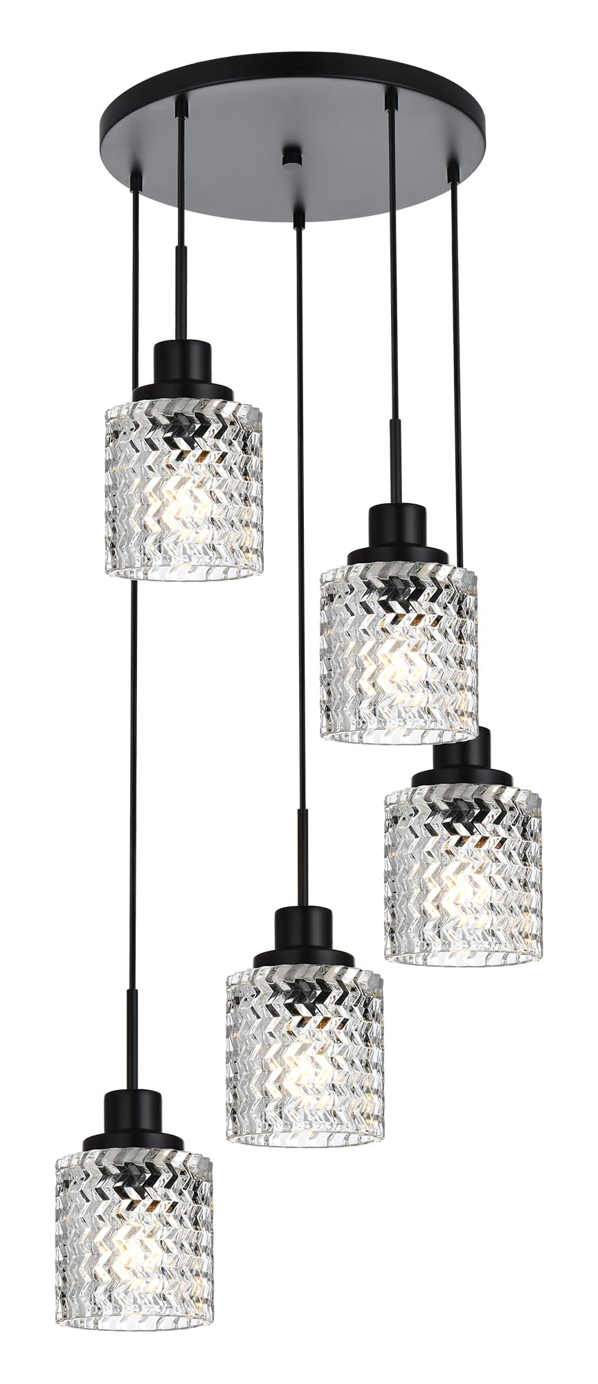 6 Lights Linear Chandeliers for Dining Room, Black Island Lighting Fixture Hanging Pendant Lights with Hammered Glass Shade for Kitchen Island, Dining Hall, Bar