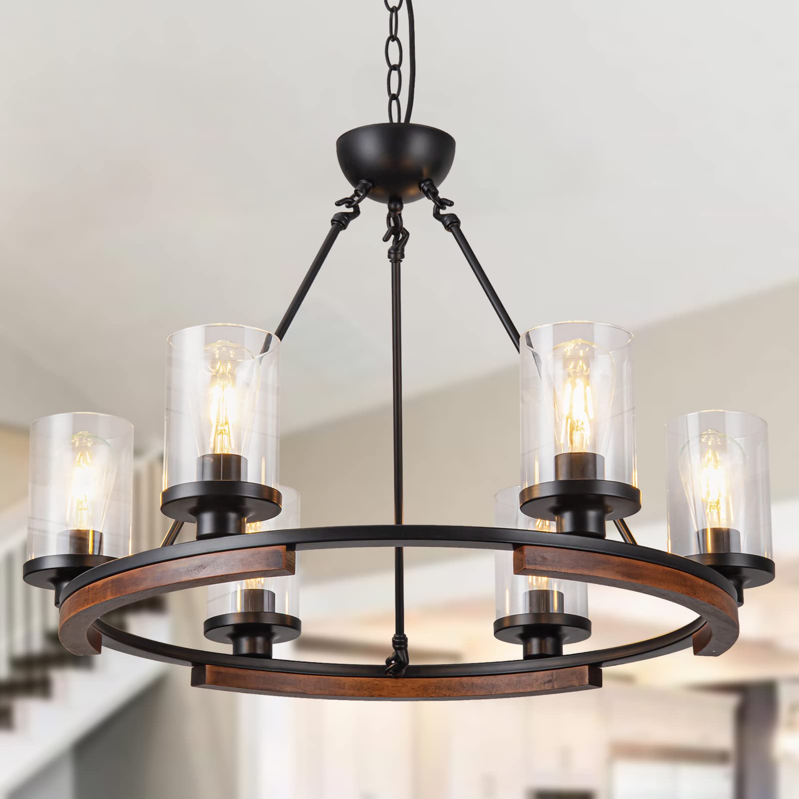 Dining Room Light Fixture Over Table, 5-Light Linear Farmhouse Chandelier Pendant Lighting for Kitchen Island Dining Room with Glass Shade, Black Metal and Wood Finish