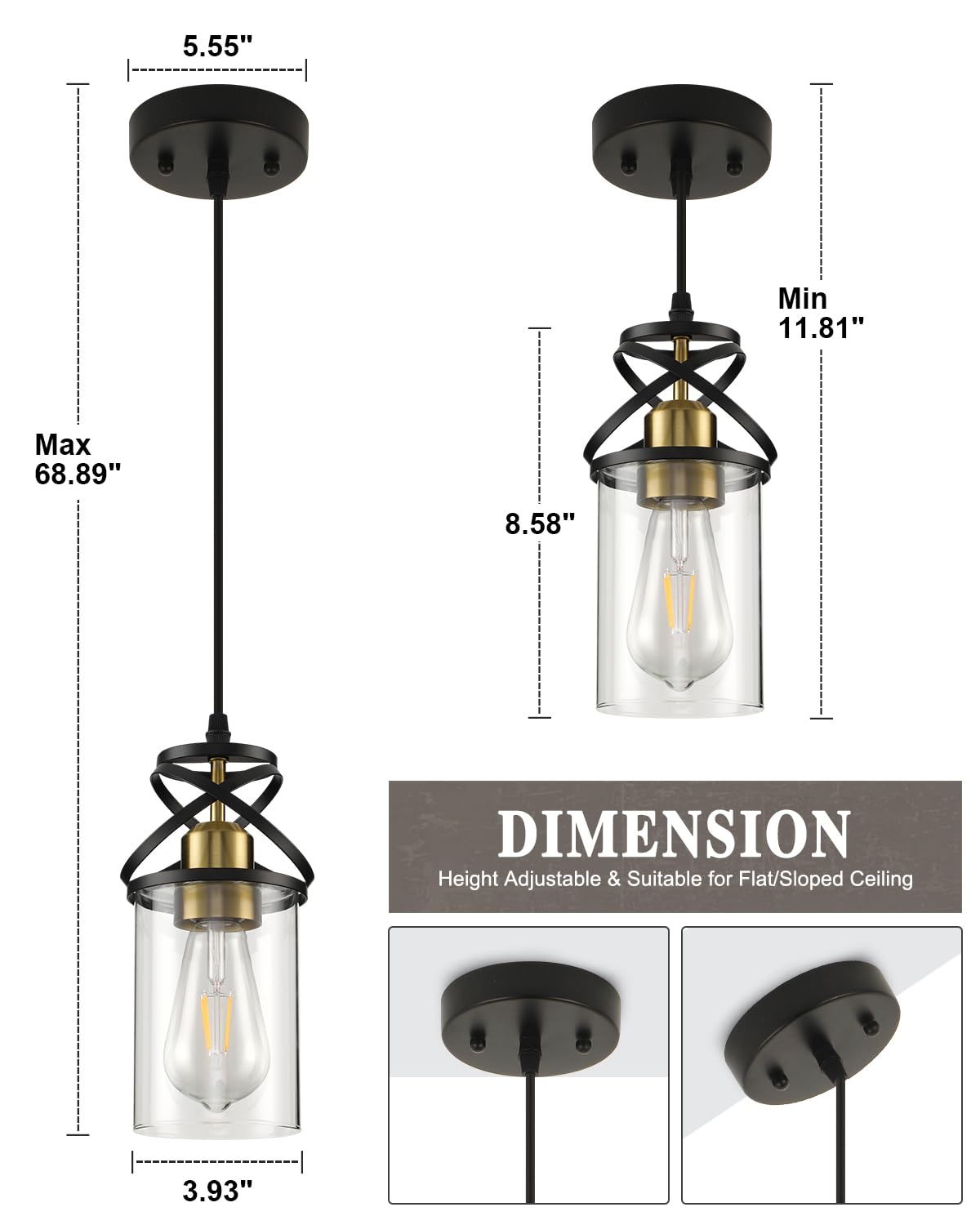 Modern Pendant Light Fixture Farmhouse Hanging Light with Clear Glass Shade, Industrial Black and Gold Pendant Lighting for Kitchen Island Dining Room Bedroom