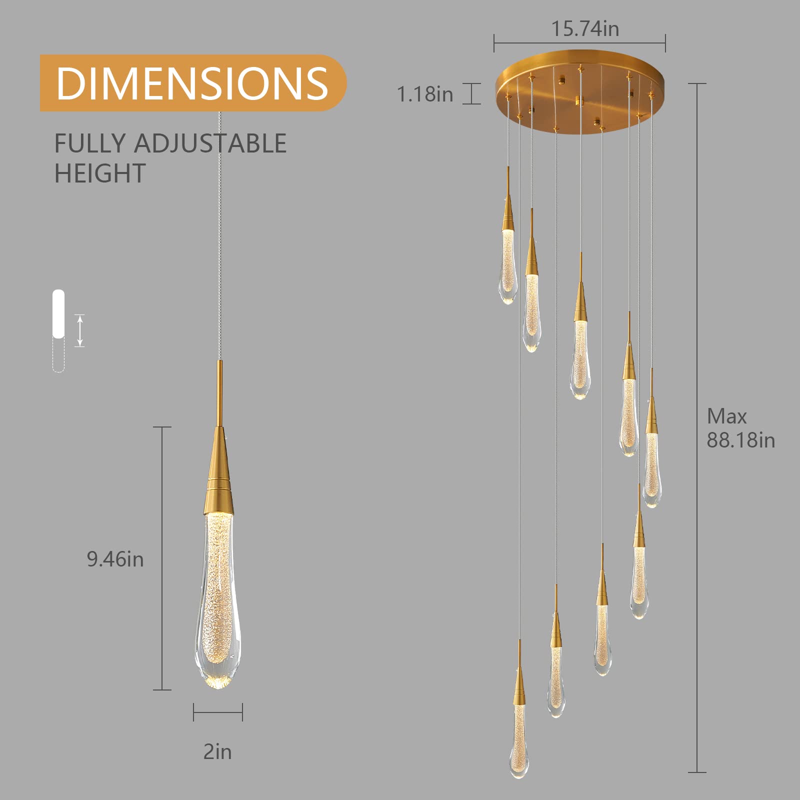 Kitchen Light Fixtures Ceiling Dimmable LED Modern Gold Pendant Light Mini Teardrop Crystal Pendant Light for Kitchen Island Bedroom Hallway Entryway (5-Light)