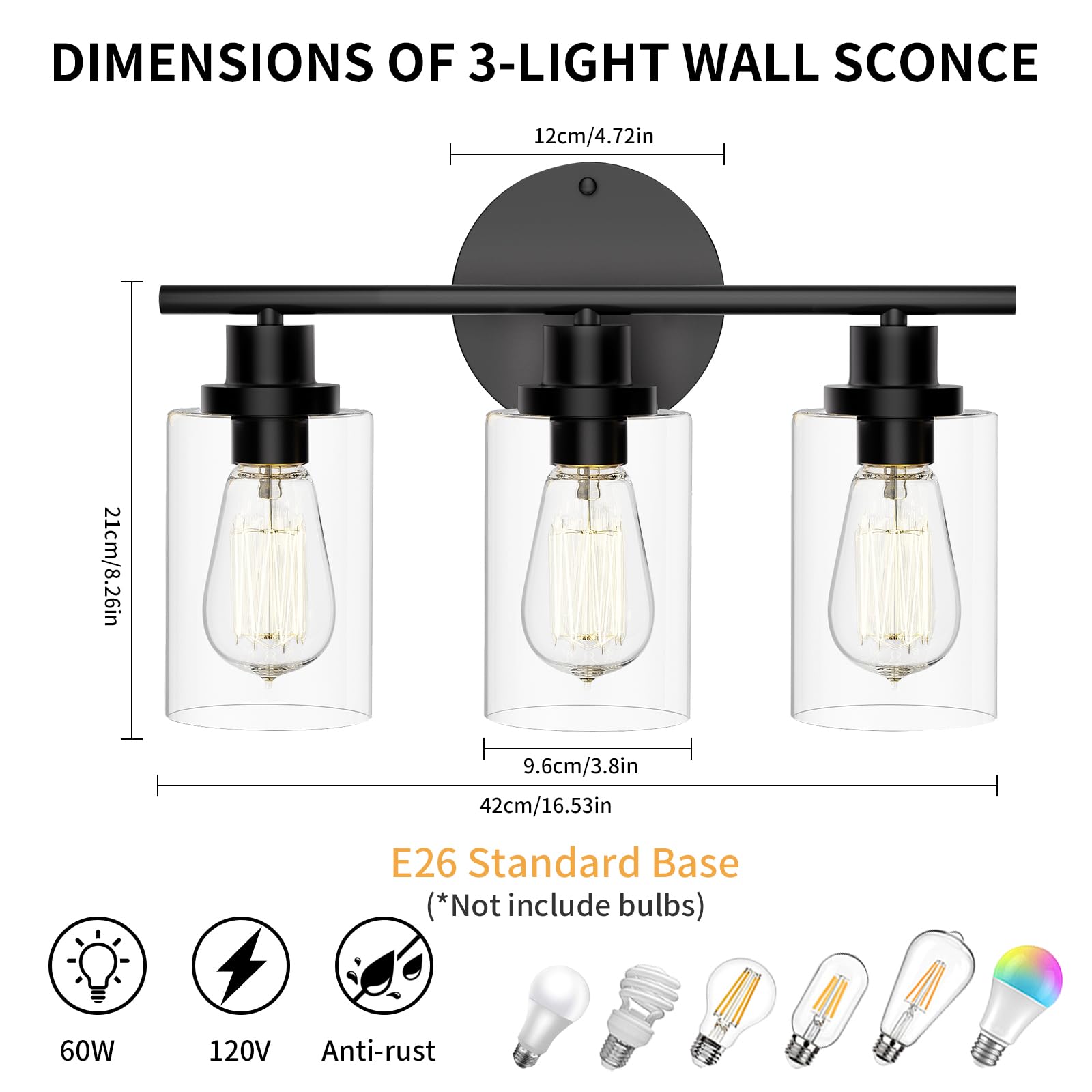 1-Light Bathroom Wall Sconce, Matte Black Vanity Light, Modern Wall Light Fixture with Clear Glass Shade and E26 Bulb Base, Wall Lamp Wall Mount Light Fixtures for Mirror, Bedroom, Hallway