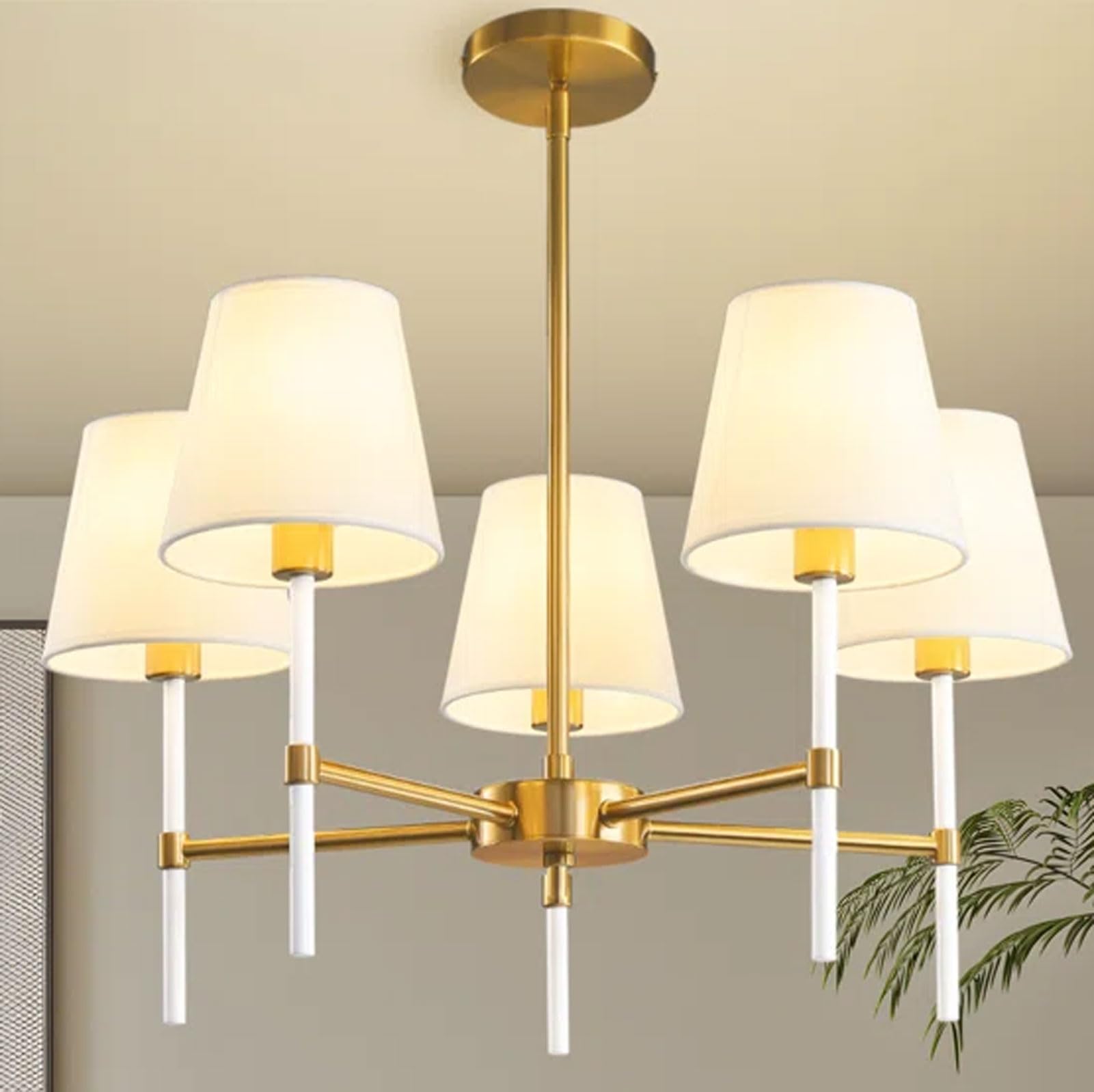 Dining Room Chandeliers Light - 5-Light White and Gold Modern Chandeliers Light Fixtures with White Fabric Shade, Height Adjustable Pendant Island Light for Entryway Farmhouse