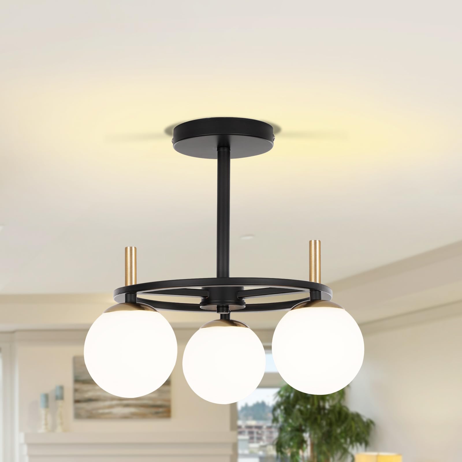 Modern Semi Flush Mount Ceiling Light - Easric Gold Ceiling Light Fixture Mid Century Light Fixtures Ceiling Mount with 3 Frosted Glass Lampshade Globe Ceiling Lamp for Hallway Kitchen Bedroom