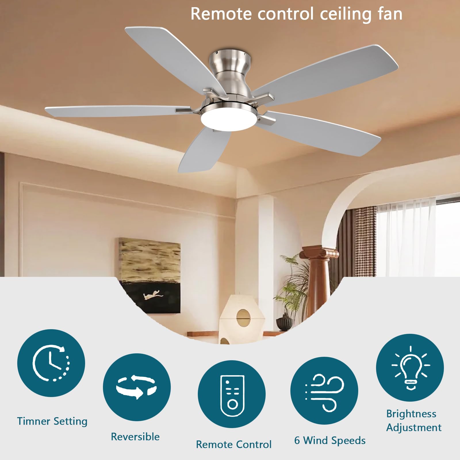 Ceiling Fans with Lights, 52 Inch Low Profile Ceiling Fan with Light and Remote Control, Flush Mount, DC Reversible Motor, Noiseless, Black 6 Speeds Ceiling Fan for Bedroom