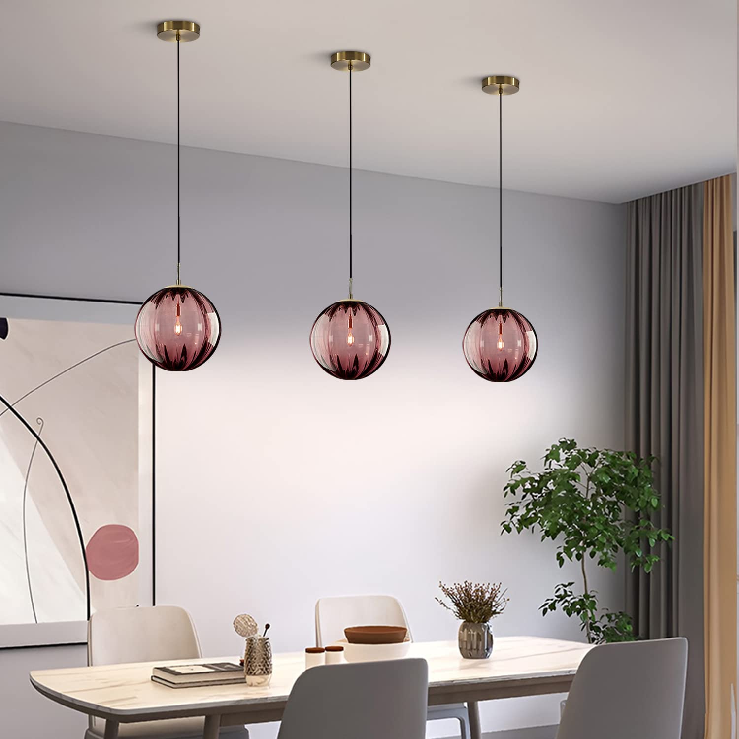 KCO Lighting Modern Gold 3 Light Hanging Pendant Light Large Smoke Glass Globe Cluster Chandelier Brush Brass Kitchen Island Light Fixture Nordic Multi Light Pendant Lighting