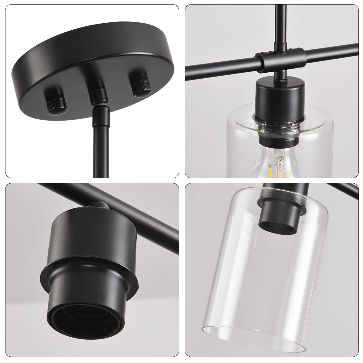 3 Lights Pendant Lighting for Kitchen Island,3 Tier Linear Pendant Chandeliers with 1 Base,Modern Farmhouse Island Light with Clear Glass,Adjustable (Black Island 3 Tier Stem Rod)