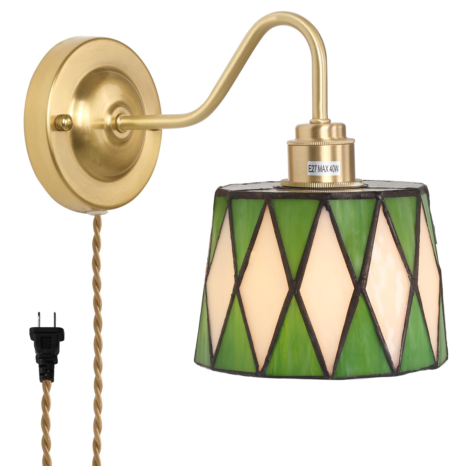 Wall Sconce, Wall Mounted Lamps with Green Checker Sconce, Stained Glass Shade Brass Wall Lights Fixture with Plug in Cord and Switch for Bedroom Bathroom Living Room Hallway