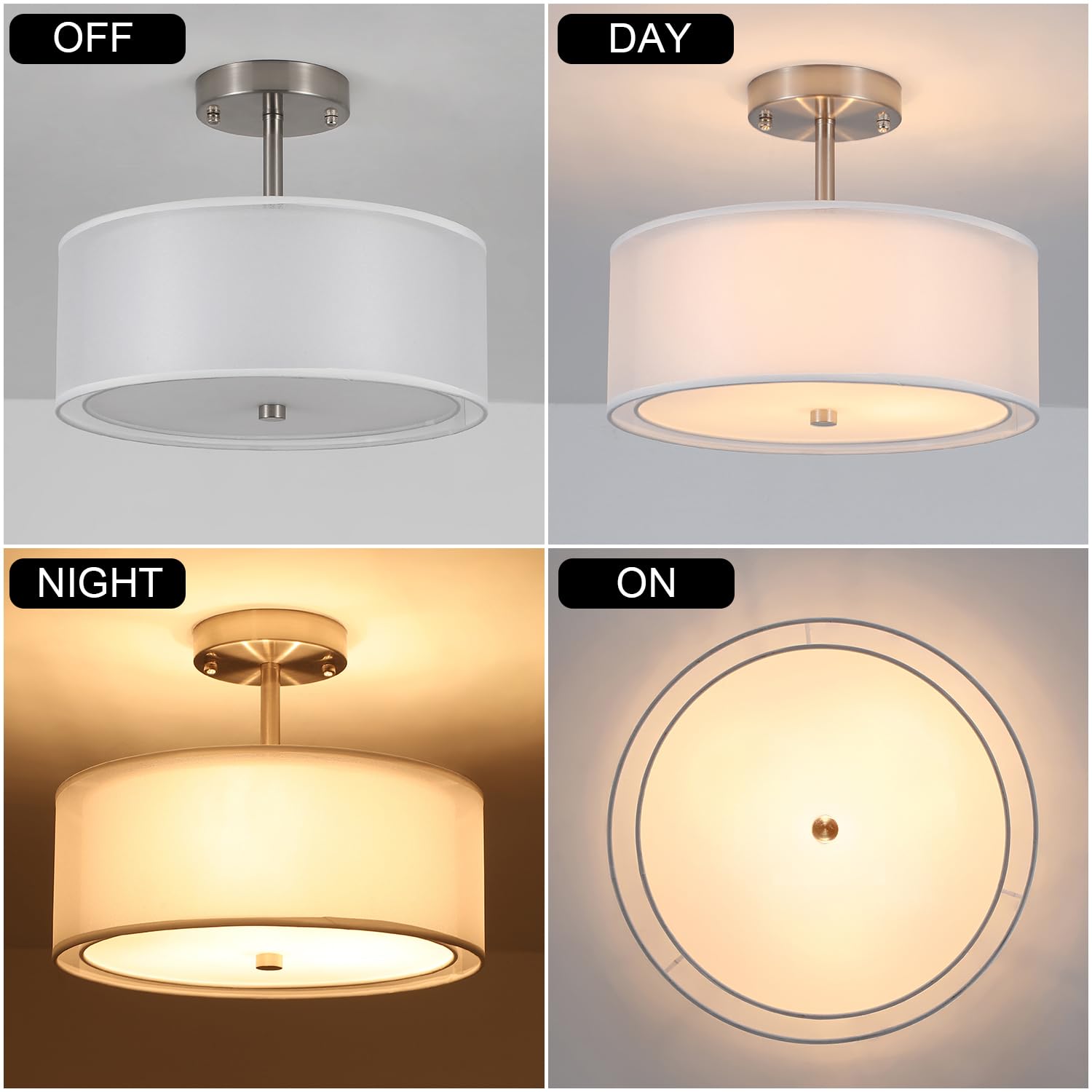 3-Light Double Fabric Drum Ceiling Light Fixture, 12.59 Inches Simple Semi Flush Mount Ceiling Lights with Double Fabric Shade, Modern Close to Ceiling Lights for Bedroom, Hallway E26 60W