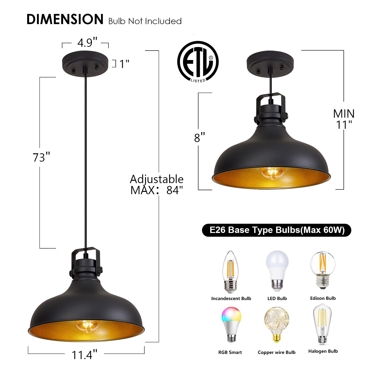 Black Farmhouse Pendant Lights Matte Pendant Lighting for Kitchen Island Industrial Adjustable Height Vintage Dome Hanging Light Fixtures for Barn, Dining Room 3 Packs