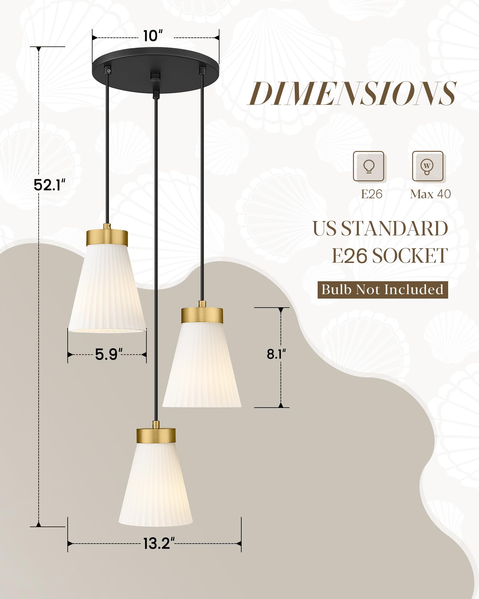 3-Light Pendant Lighting, HWH Modern Glass Pendant Lights Kitchen Island 3-Cluster, Adjustable Hanging Light Fixture Black Gold Finish Frosted Milk White Shade, 5HZG97-3 BK+BG