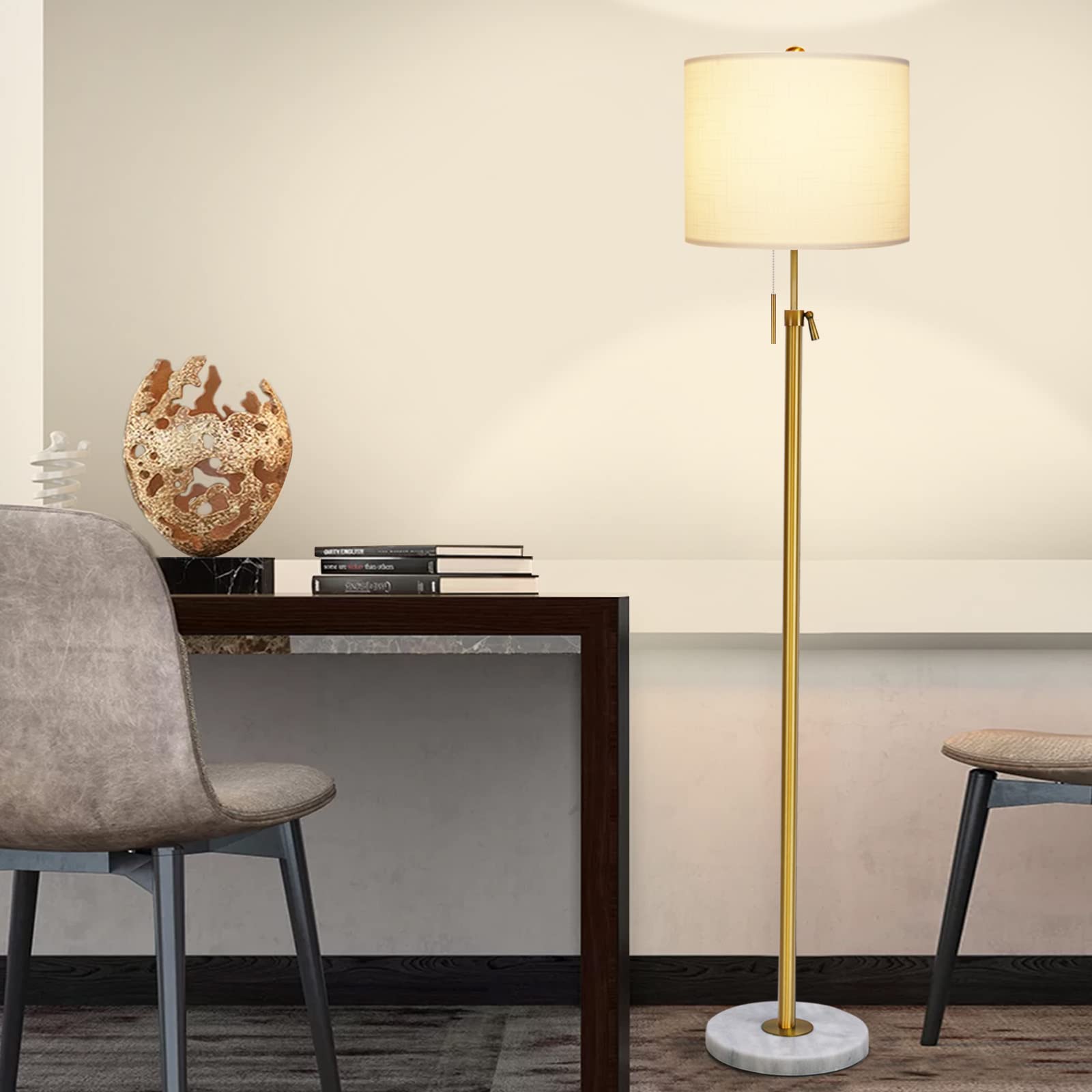 Floor Lamp for Living Room Adjustable Tall Standing Lamp, 3-Way Dimmable Floor Lamp for Bedroom Office, Black Gold Lamp with Marble Base and White Linen Shade, 6W 3000K LED Blub Included