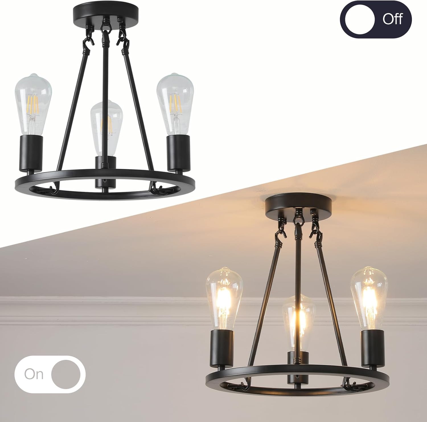 Farmhouse Semi Flush Mount Ceiling Light Fixture,3-Light Black Industrial Wagon Wheel Light for Bedroom,Kitchen,Diningroom,Laundry Room,Entryway,Foyer,Hallway