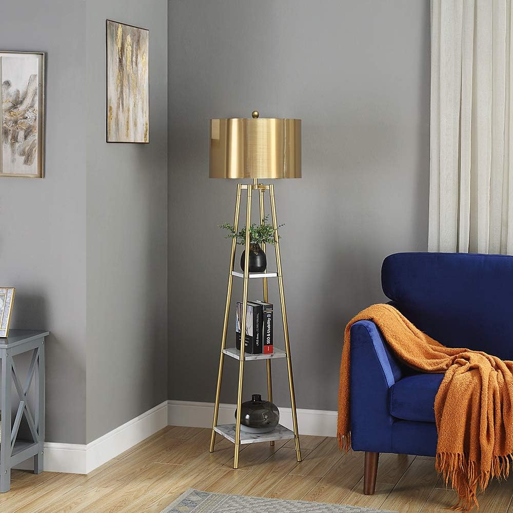 Floor Lamp, Standing Reading Light with Shelves and Gold Shade, Modern Tall Pole Lamp, Accent Furniture Décor Lighting for Living Room, Bedrooms