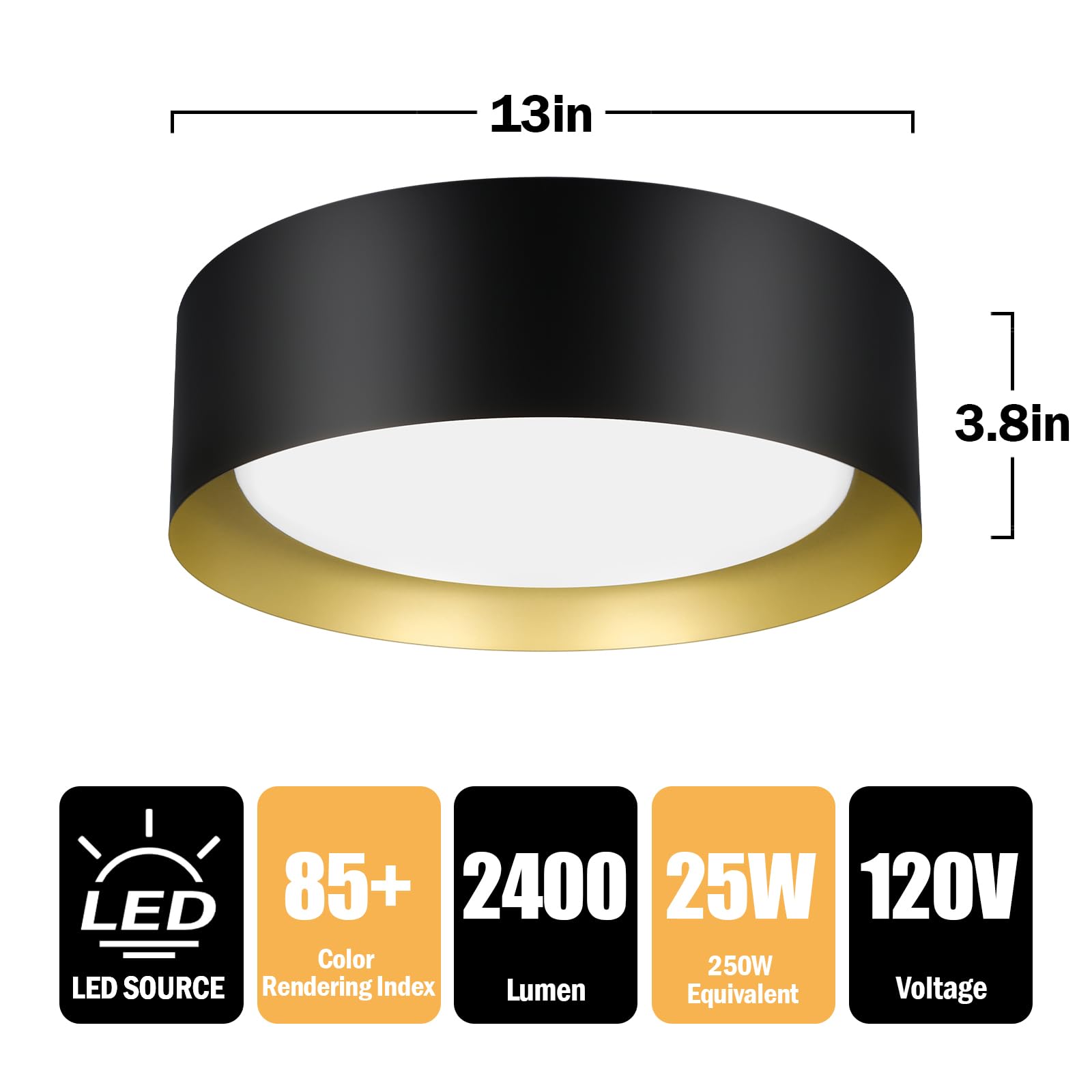 Flush Mount Ceiling Light, 13in 25W(250W Equiv) 2400LM, LED Ceiling Light Fixture 3 Colors 3000K 4000K 5000K, Dimmable Black and Gold Modern Flush Mount Light for Bedroom Bathroom Hallway Kitchen