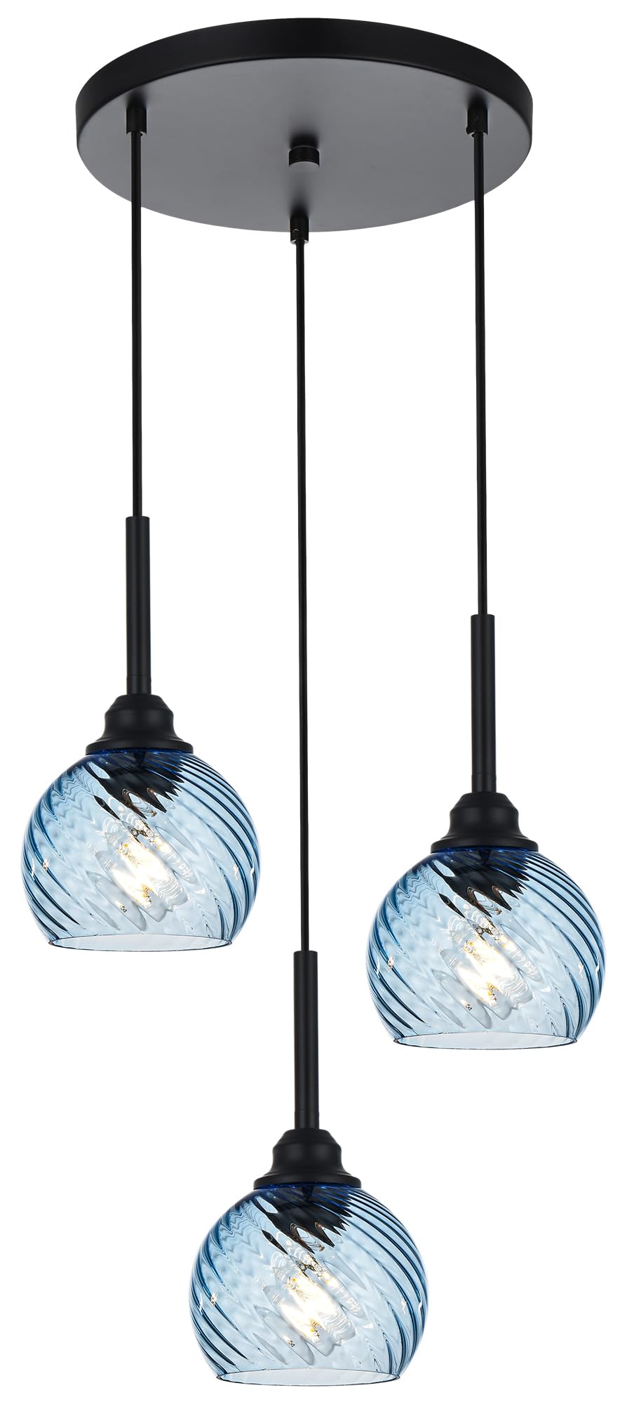 3 Light Island Lights for Kitchen with Striped Swirl Globe Glass, Black Linear Hanging Pendant Light Fixture Farmhouse Chandelier for Dining Room Bar Living Room