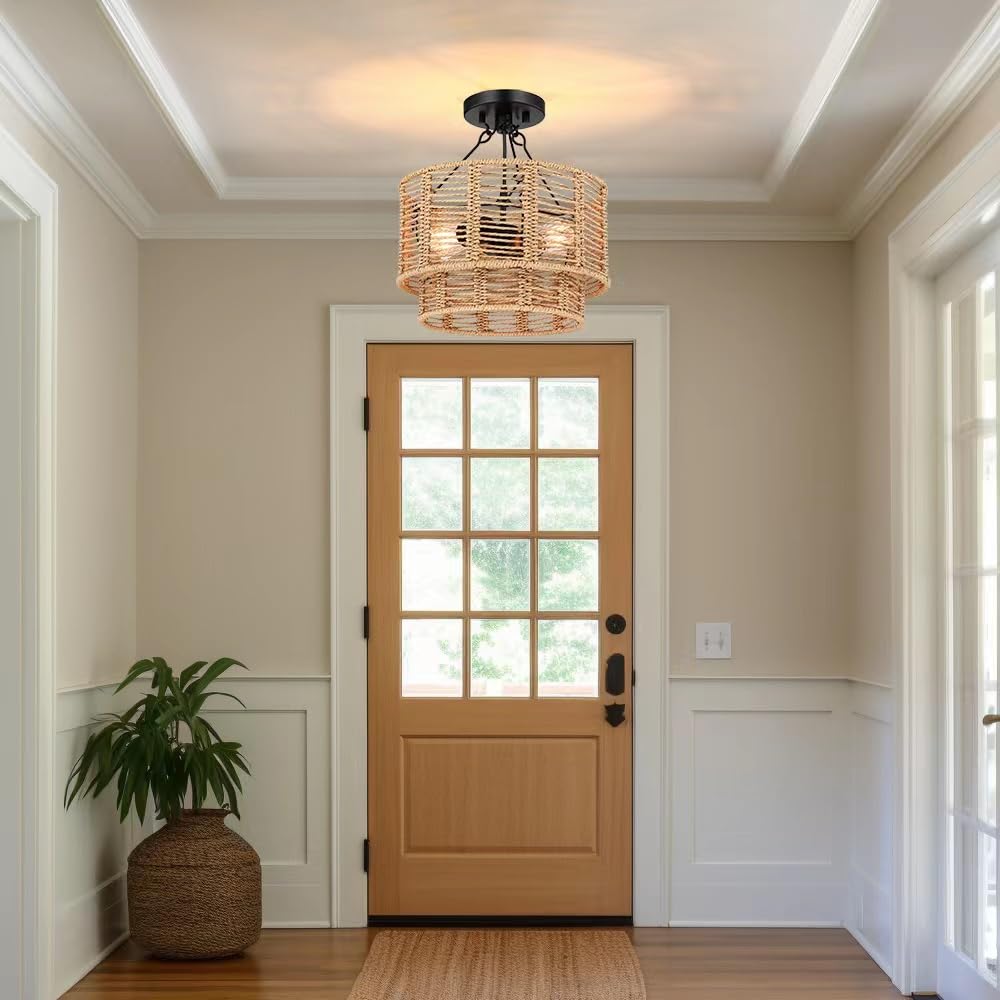 12'' Rattan Ceiling Light Fixtures Boho Chandelier Rattan Semi Flush Mount Ceiling Light with Tiered Wicker Lampshade,Farmhouse Ceiling Light Fixtures for Bedroom Entryway Living Room Nursery