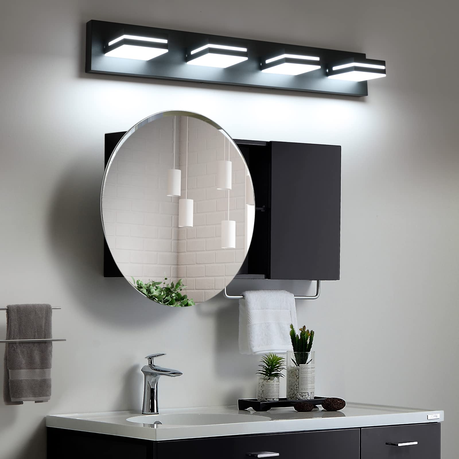 LED Modern Bathroom Vanity Light Fixtures (3-Light, 24-Inch), Matte Black Modern Acrylic Bathroom Wall Lighting Fixtures Over Mirror (Cool White 6000K)