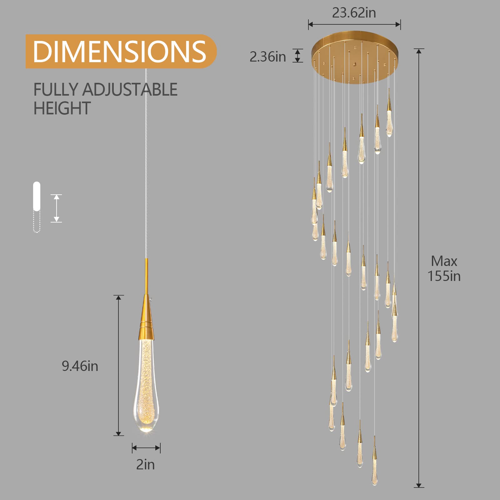 Kitchen Light Fixtures Ceiling Dimmable LED Modern Gold Pendant Light Mini Teardrop Crystal Pendant Light for Kitchen Island Bedroom Hallway Entryway (5-Light)