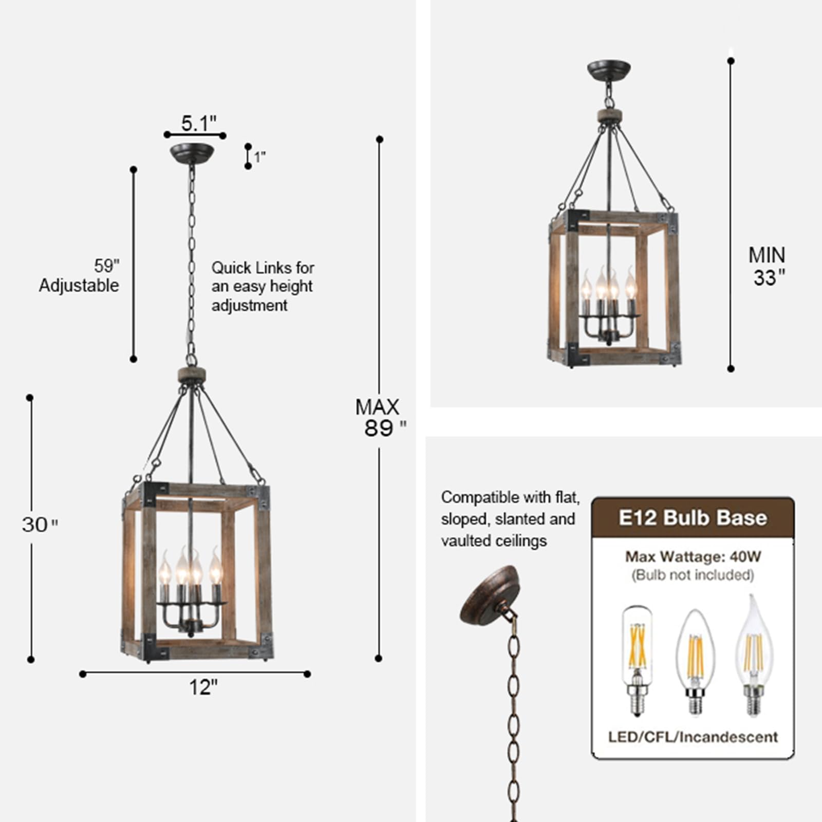 Farmhouse Chandelier,Wood Pendant Light,4-Light Wooden Ktchen Pendant Lighting Over Island,Foyer,Entryway,Hallway,Bedroom,Living Room,Kitchen