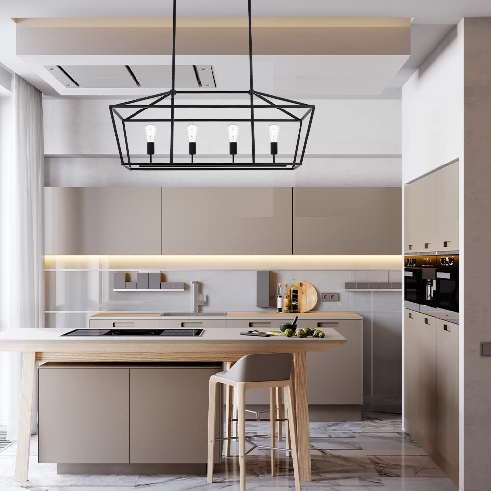 Modern 4 Light Farmhouse Chandelier Gold Linear Kitchen Island Pendant Light Traditional Rectangular Dining Room Lighting Fixture Hanging Metal Cage Pendant Lamp for Hallway Foyer